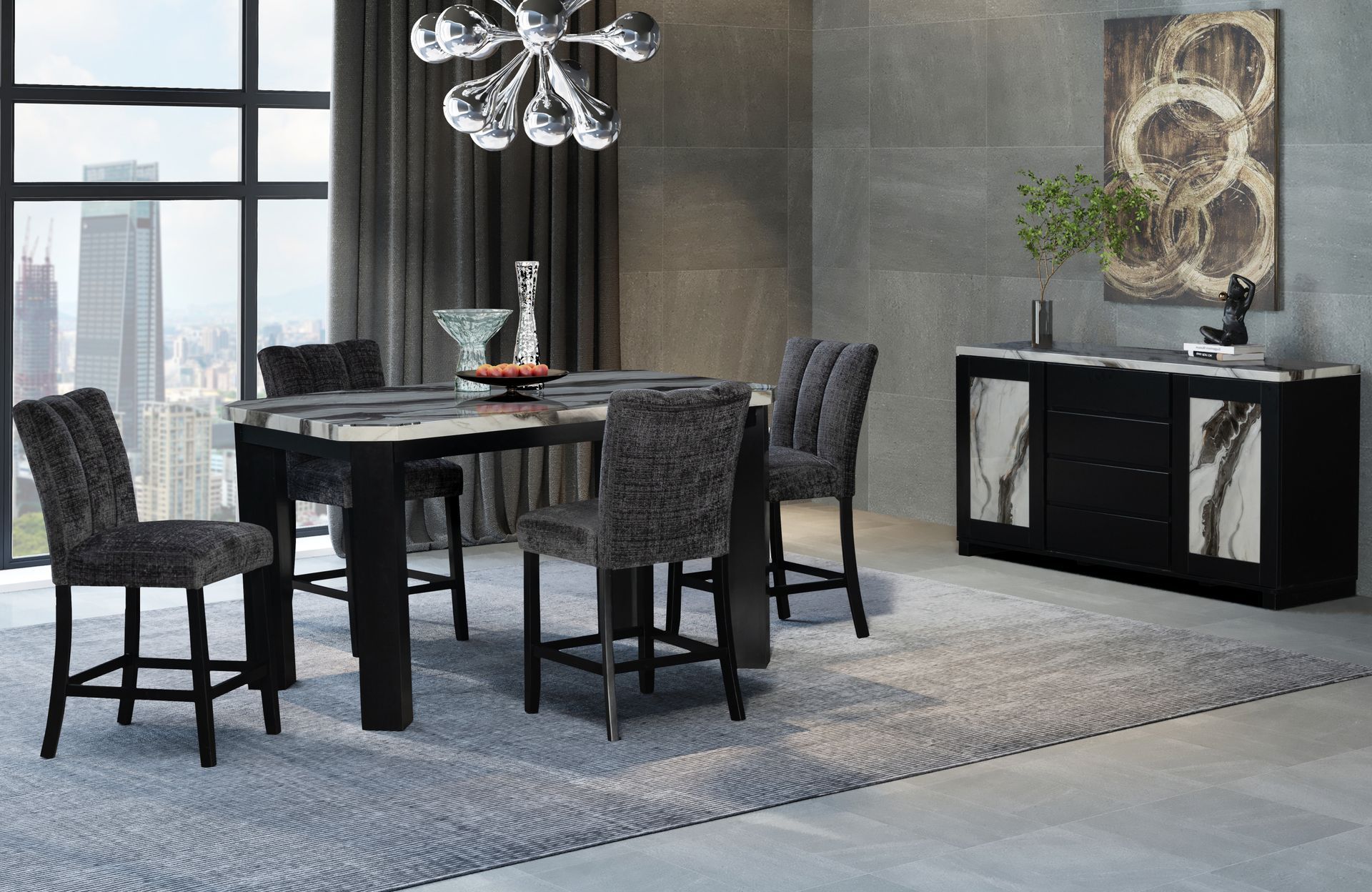 A dining room with a table and chairs and a dresser.