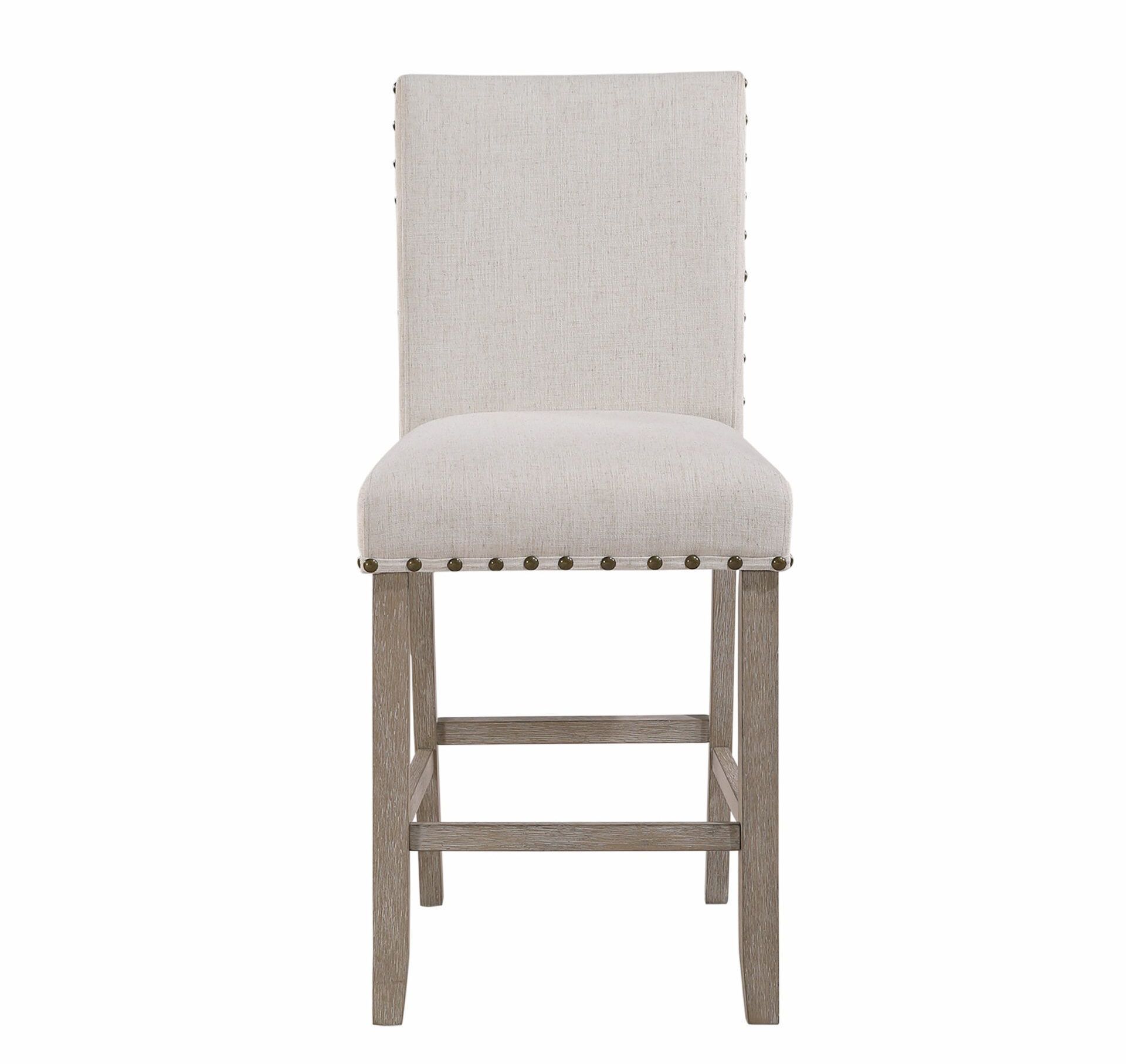 A bar stool with a white cushion and wooden legs on a white background.
