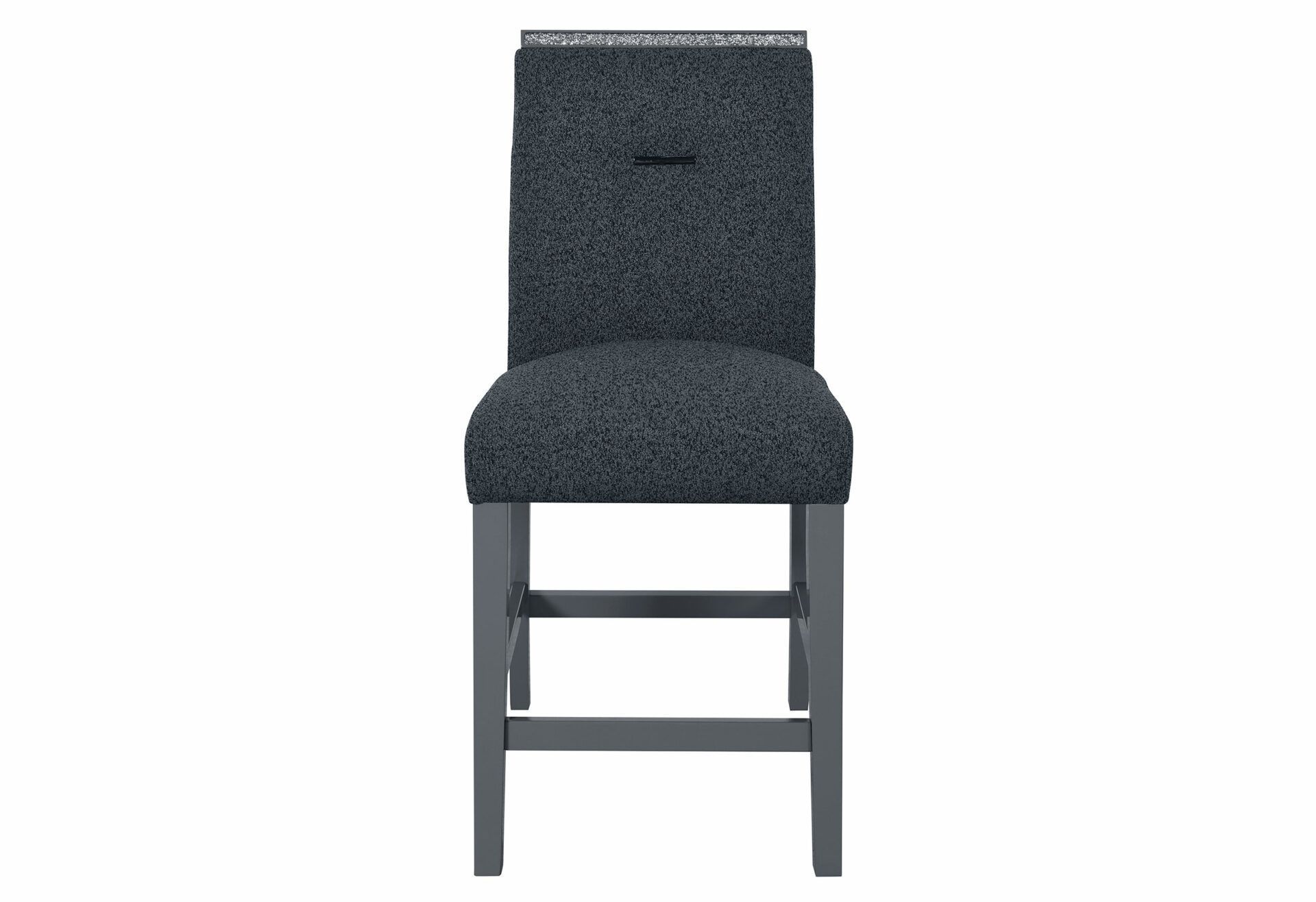 A black bar stool with a black seat and back on a white background.