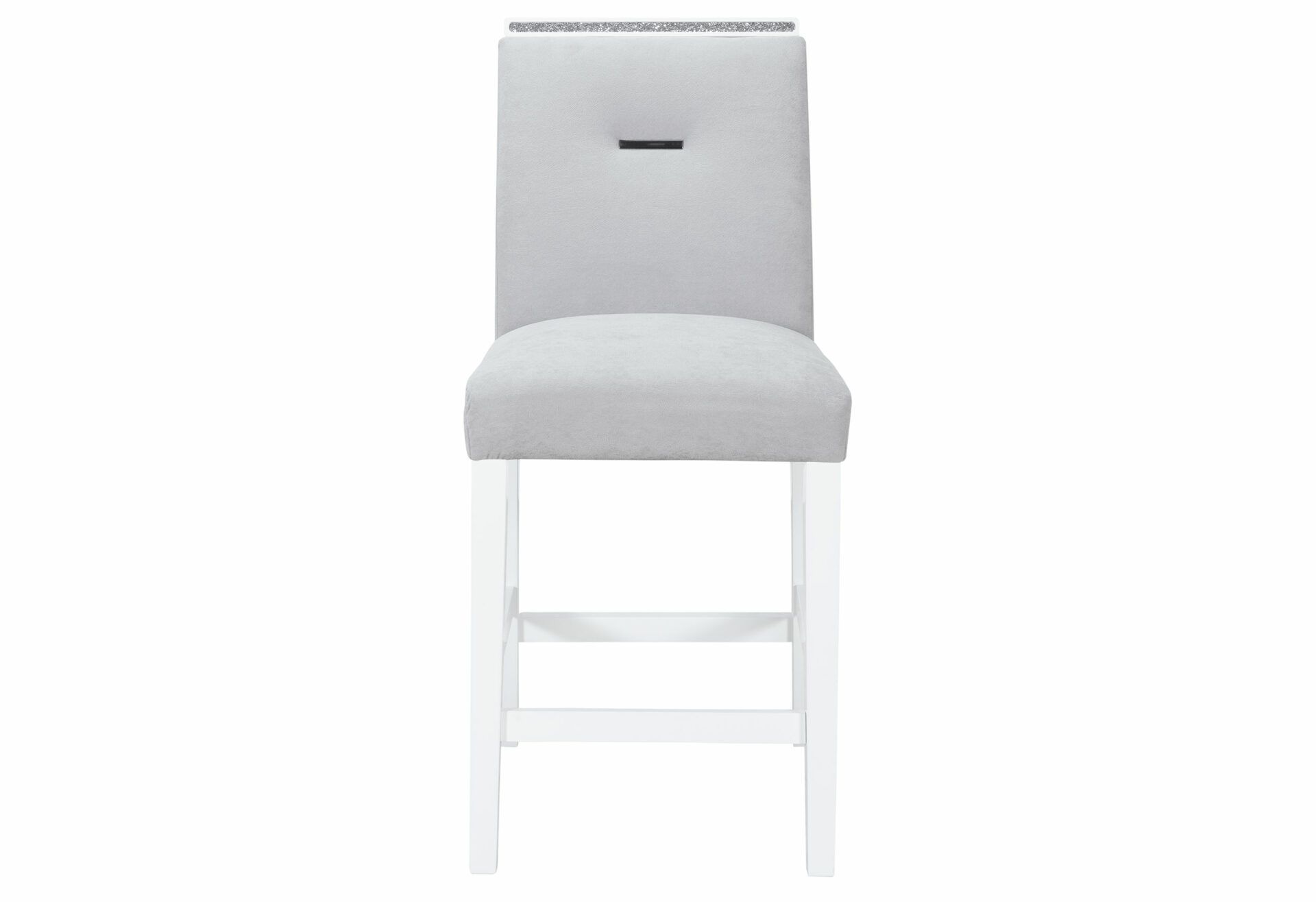 A white bar stool with a grey seat and back on a white background.