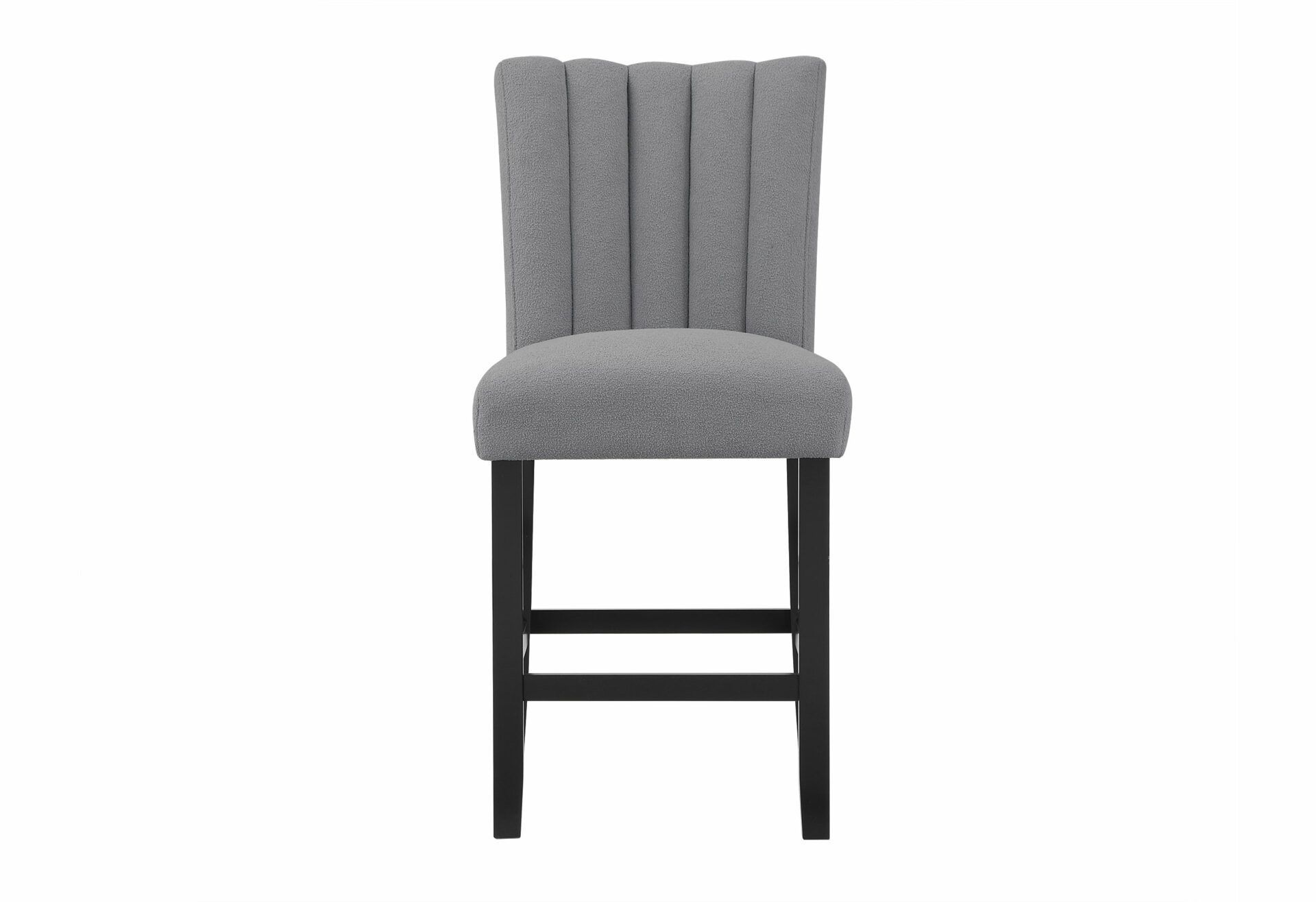 A grey bar stool with black legs on a white background.