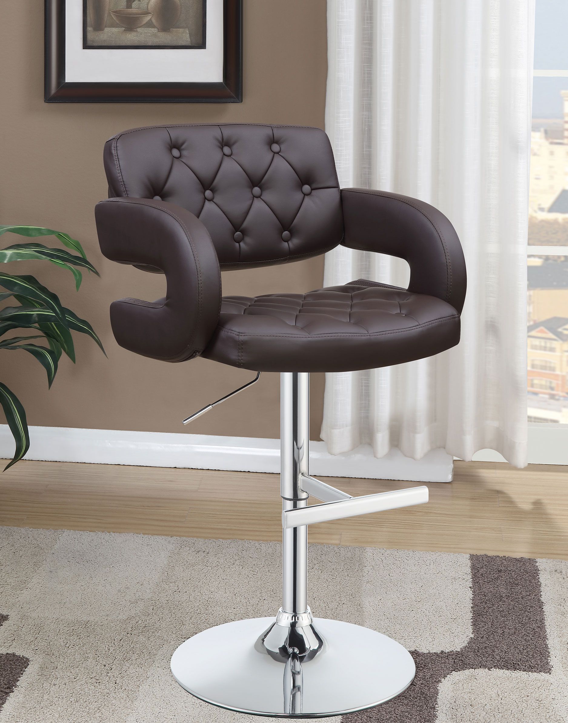 A brown bar stool is sitting on a rug in a living room.