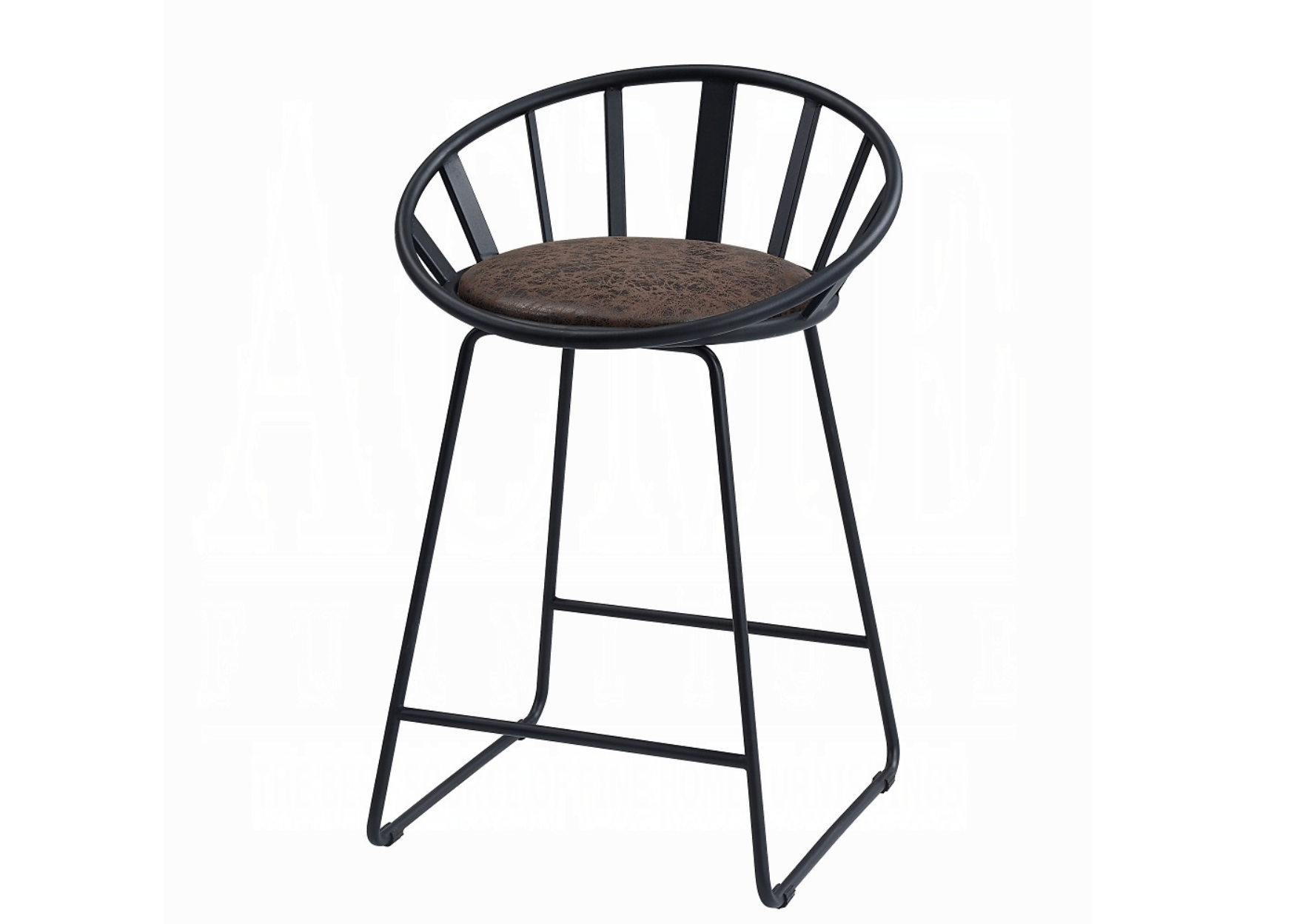 A black bar stool with a brown cushion on a white background.
