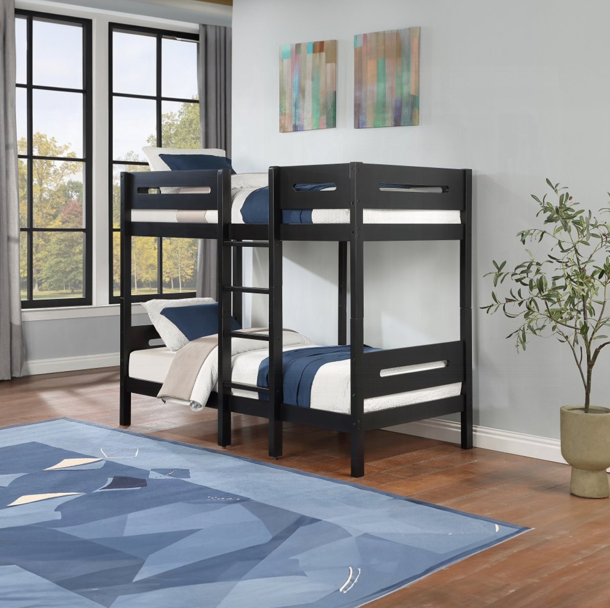 A bedroom with a bunk bed and a blue rug