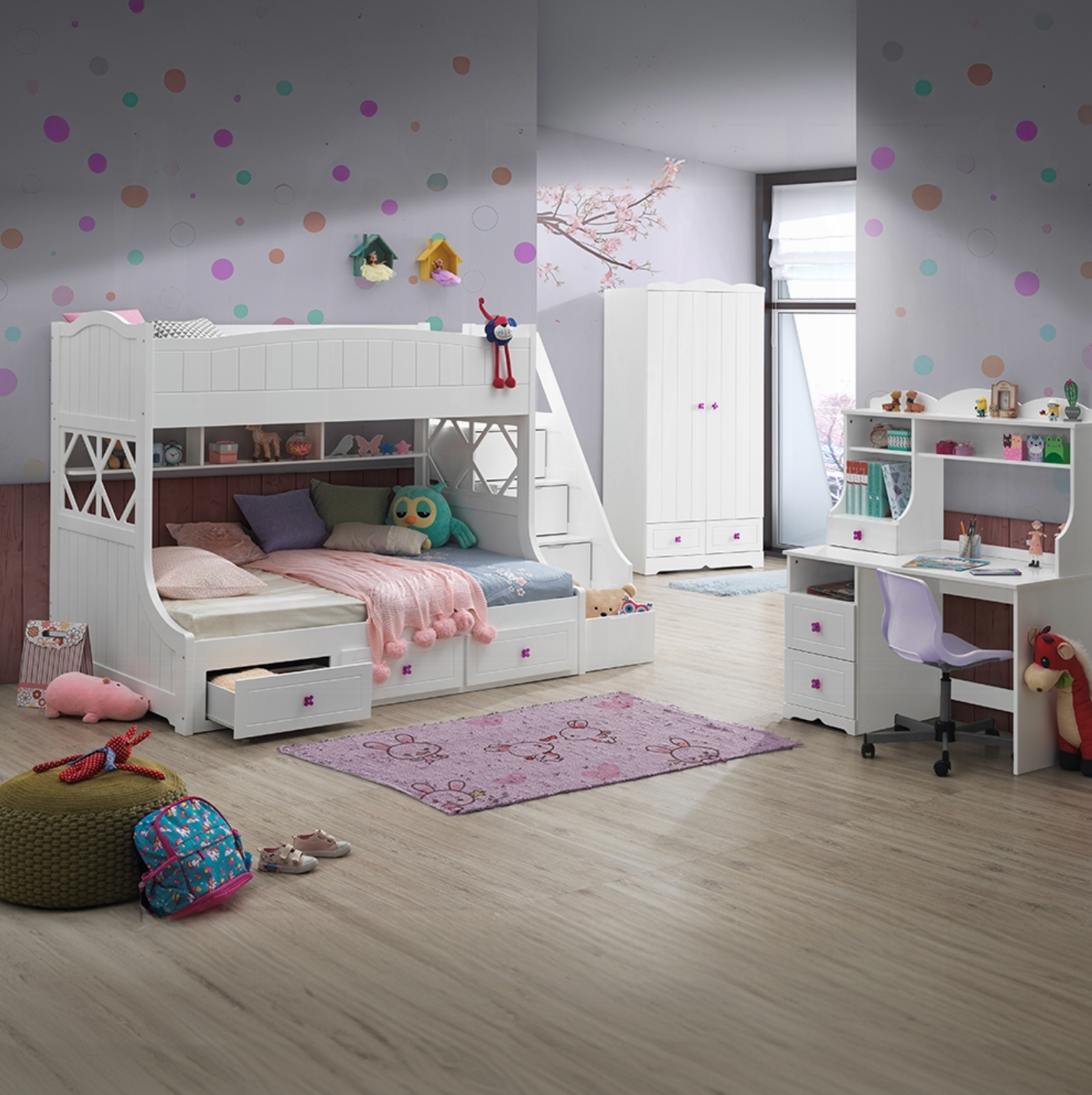 A bedroom with a bunk bed and a desk