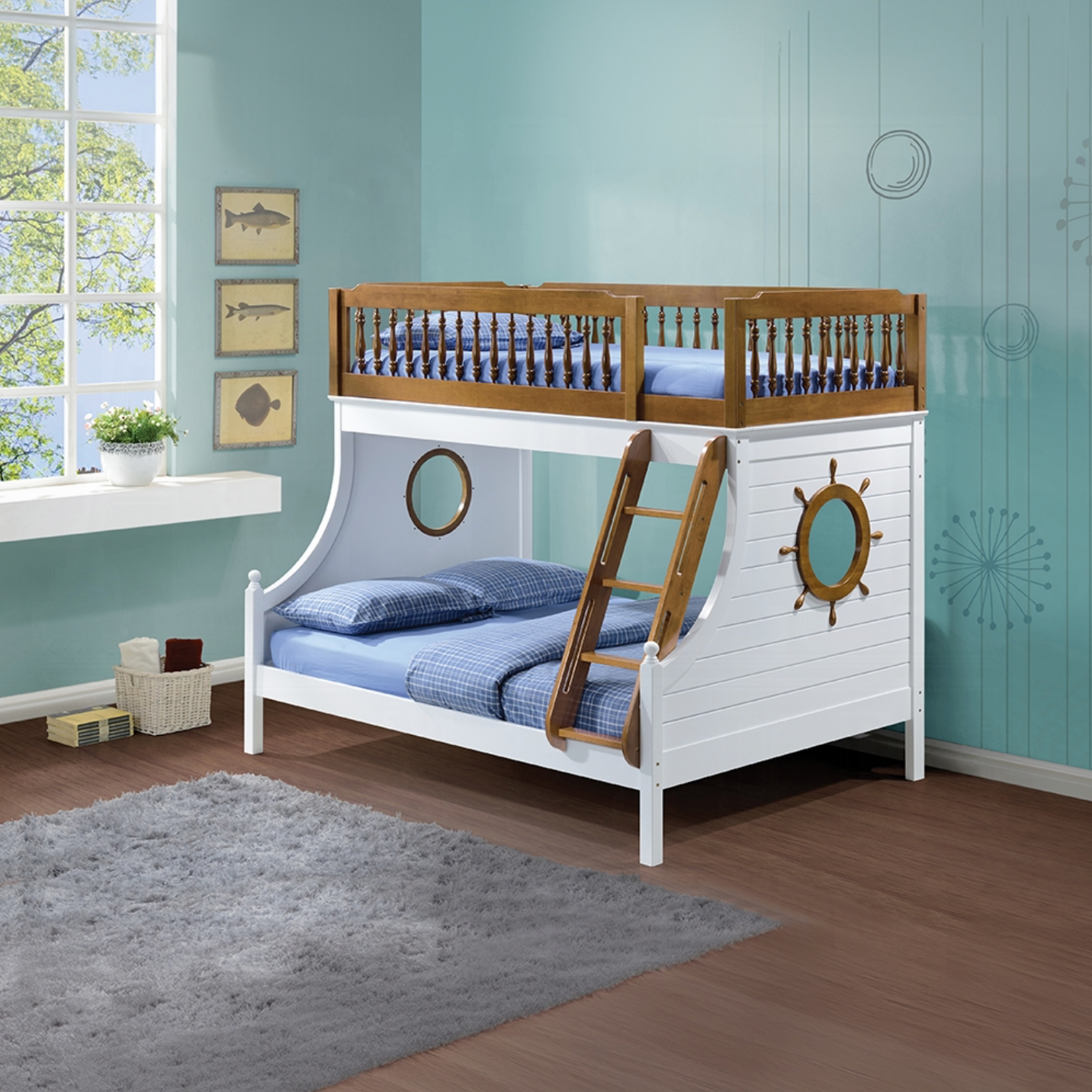 A bunk bed in a room with blue walls
