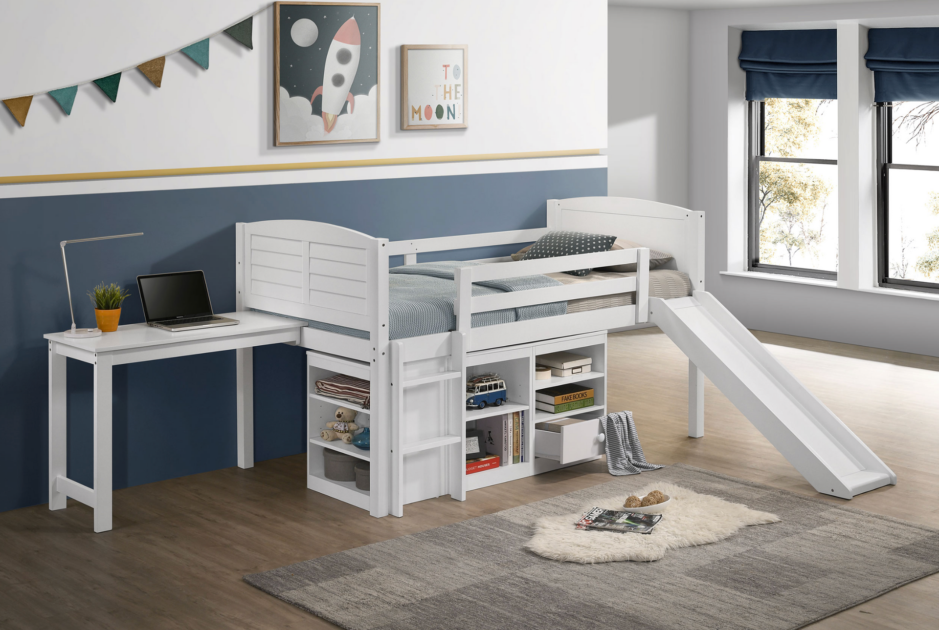A bedroom with a bunk bed , desk , and slide.