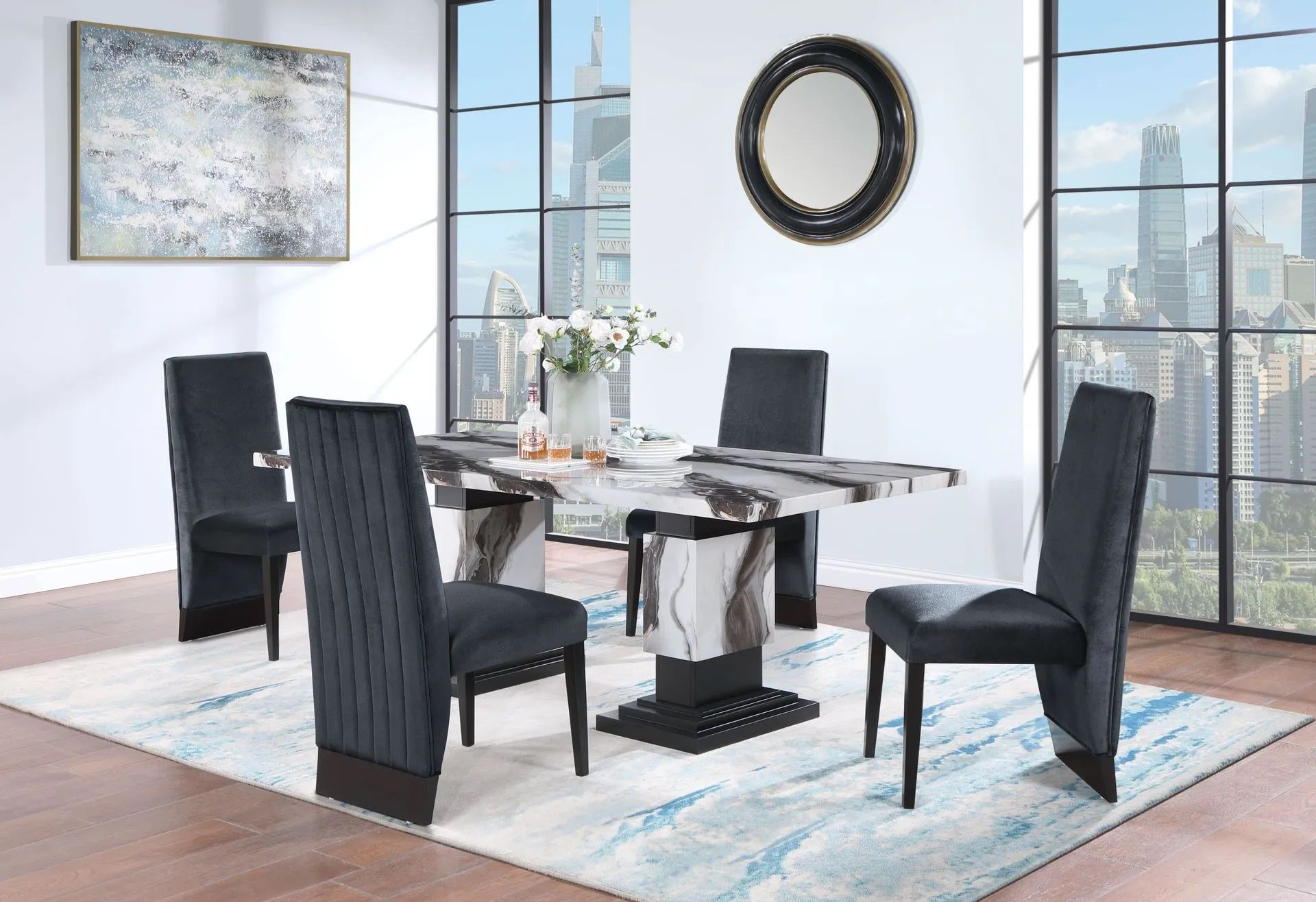 A dining room with a table and chairs and a mirror.