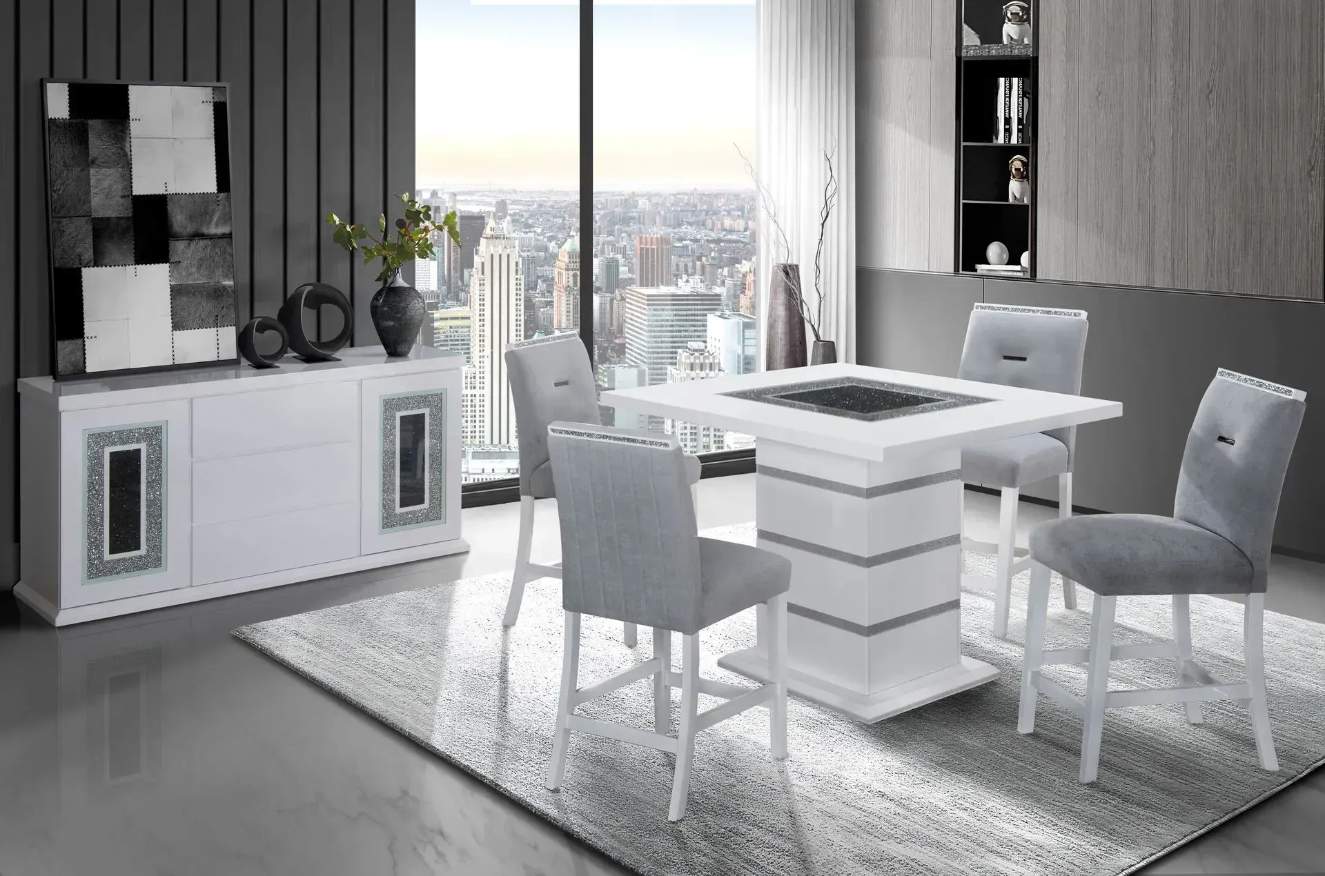 A dining room with a table and chairs and a rug.