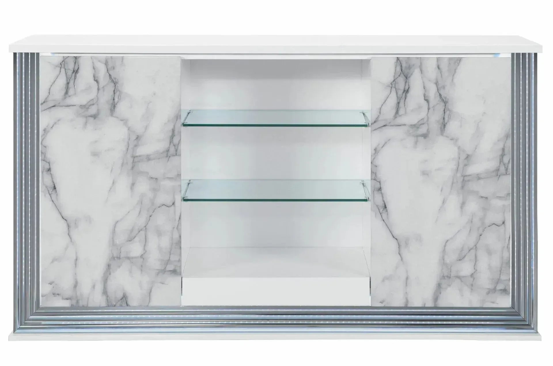 A white marble sideboard with glass shelves on a white background.
