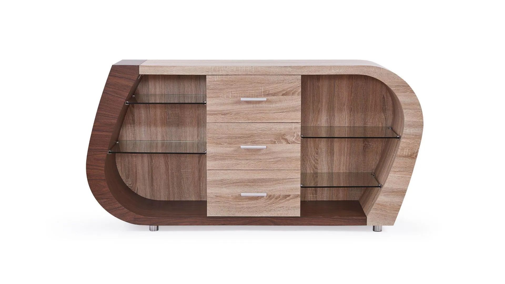 A wooden dresser with three drawers and glass shelves on a white background.