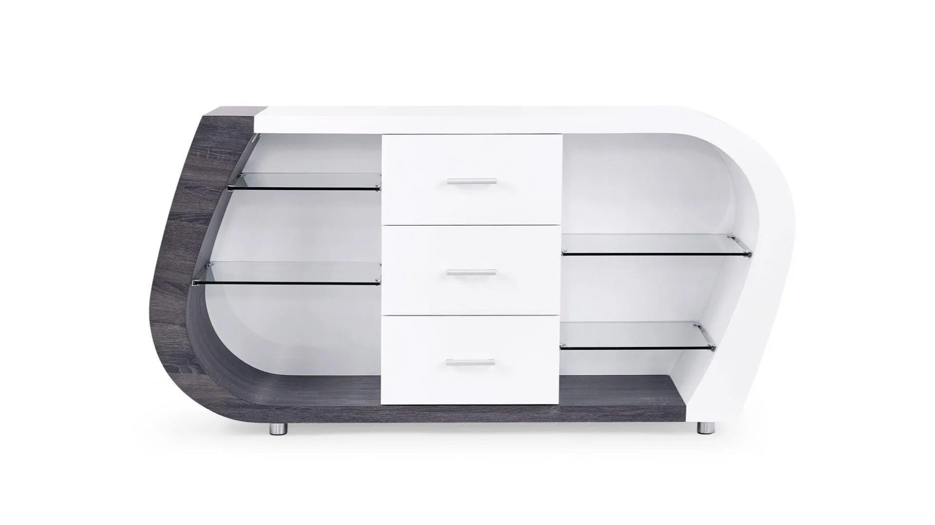 A white and black dresser with three drawers and shelves on a white background.