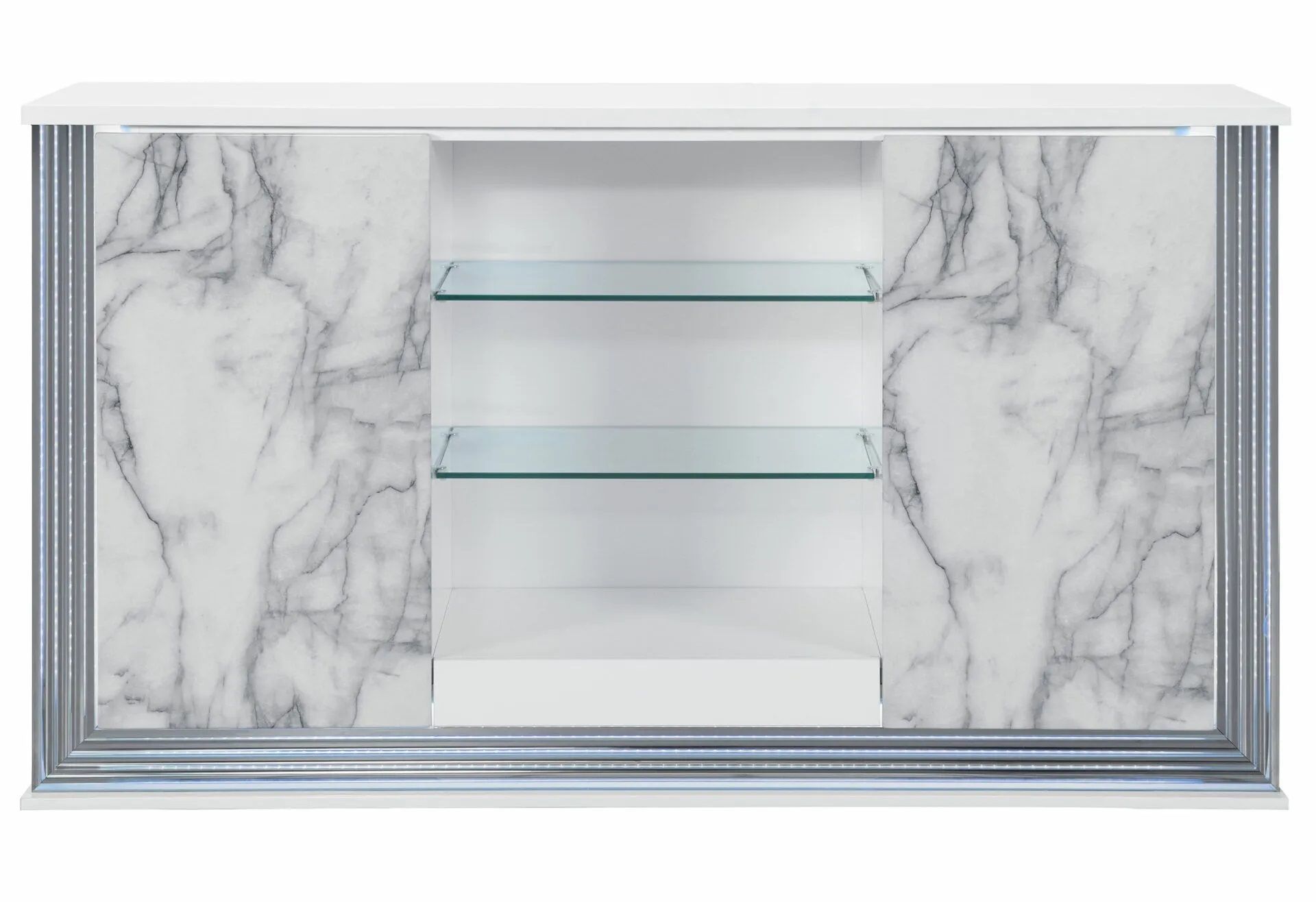 A white marble tv stand with glass shelves on a white background.