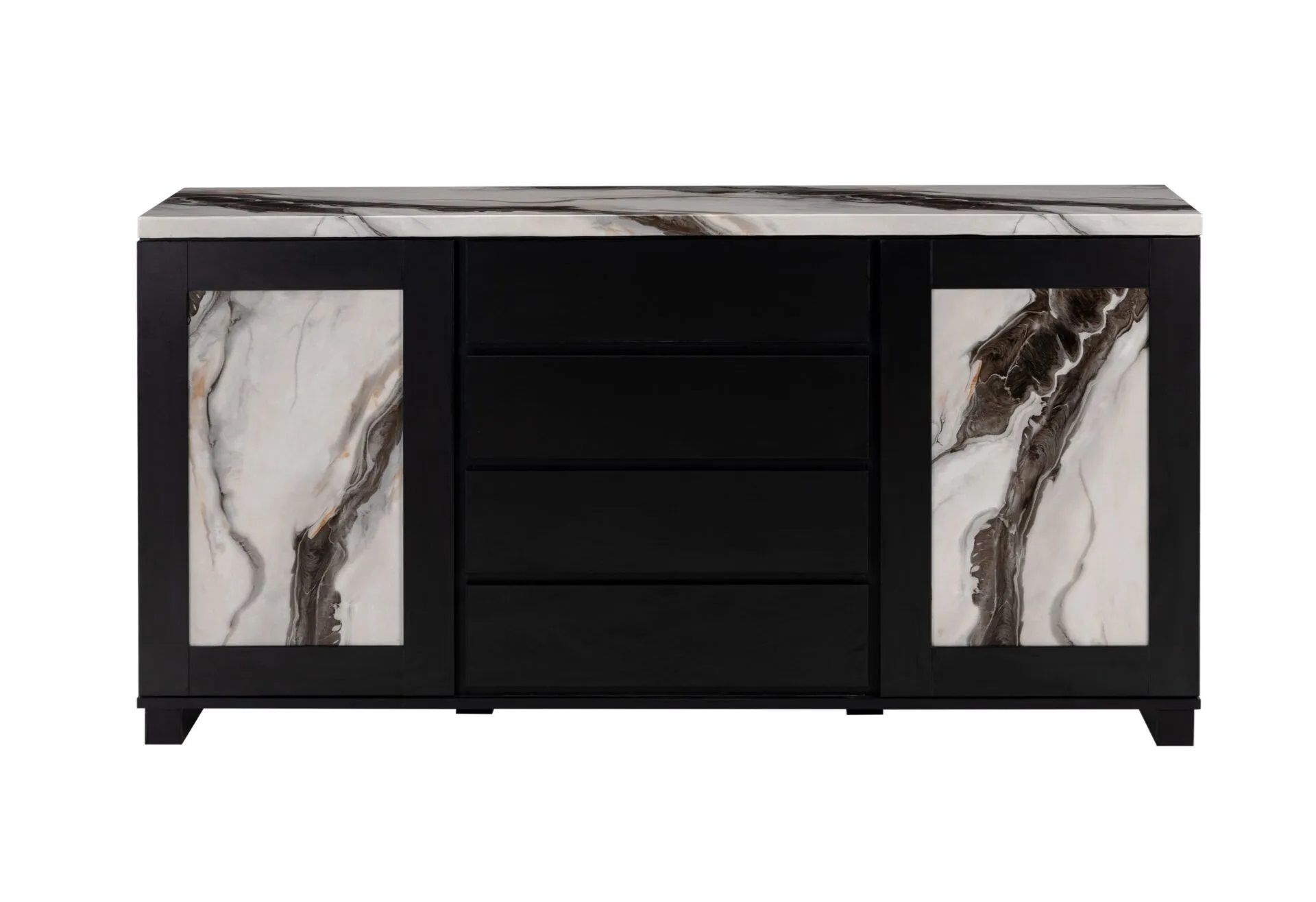 A black and white marble dresser with drawers and doors on a white background.