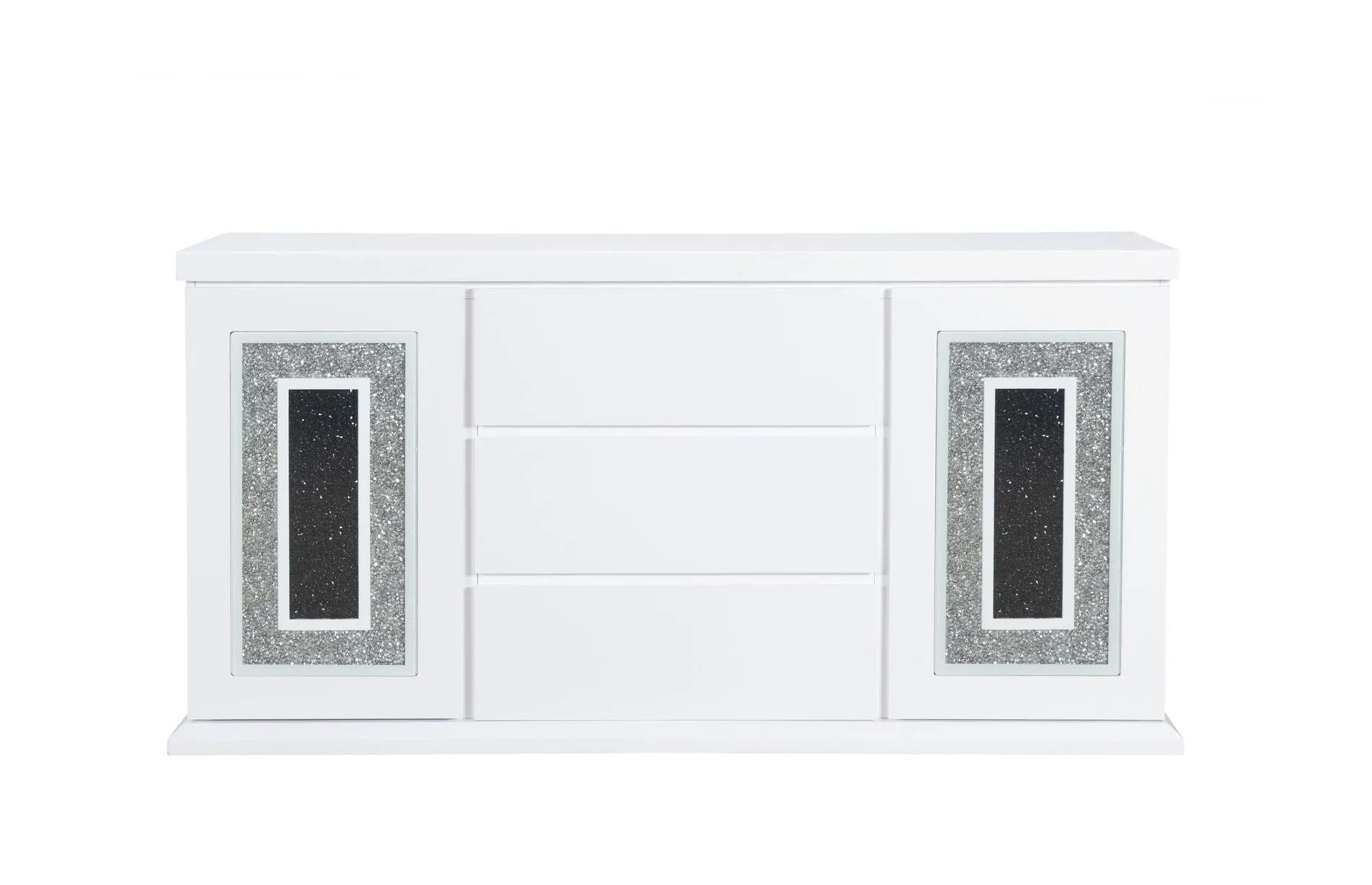 A white dresser with three drawers and two doors on a white background.