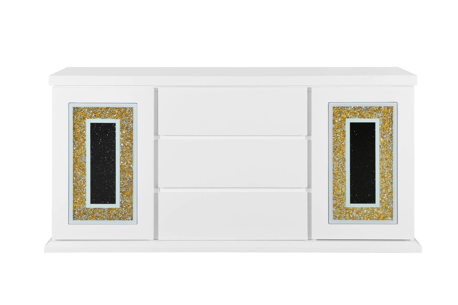 A white dresser with black and gold trim on a white background.