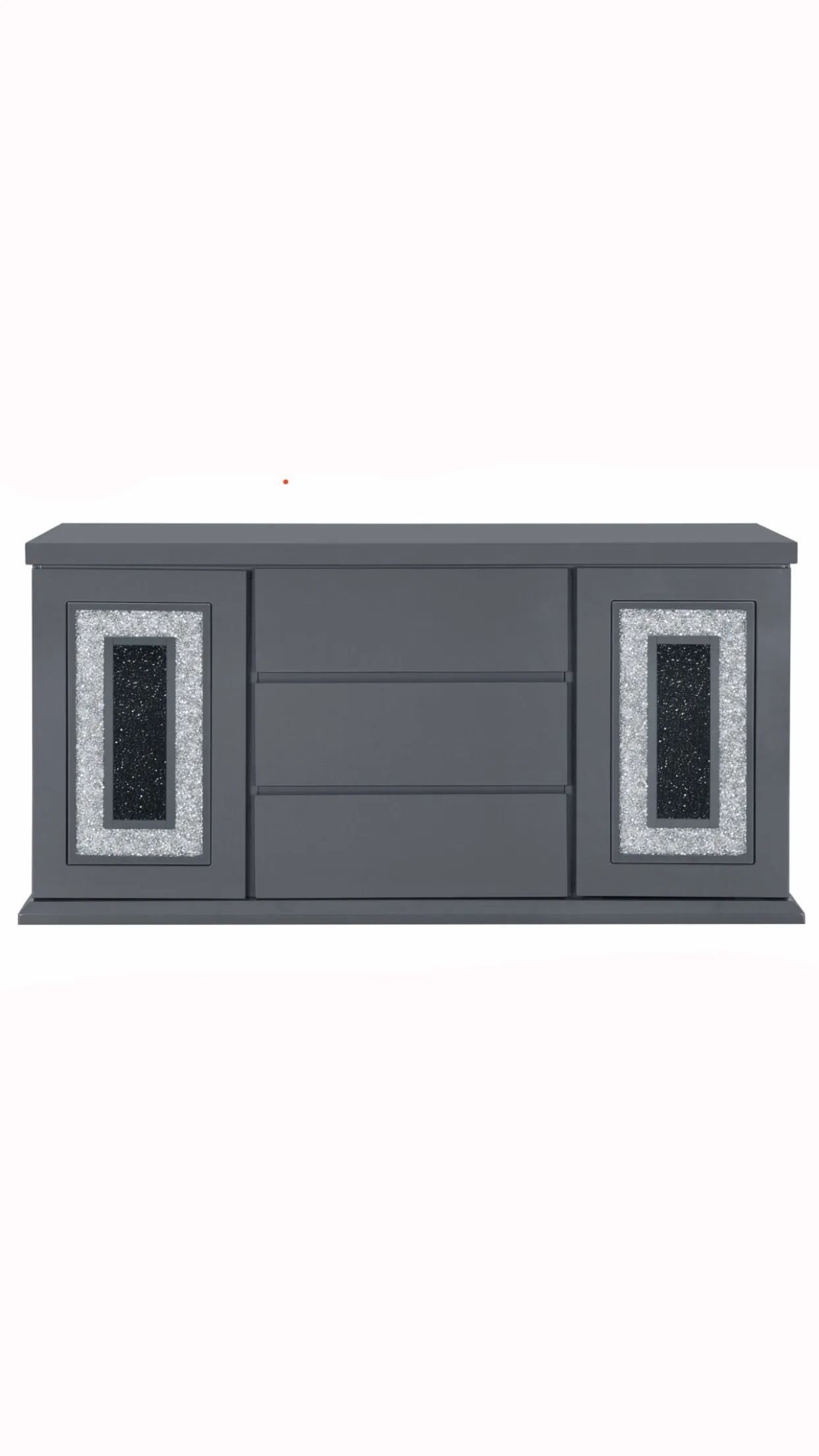 A gray dresser with three drawers and two doors on a white background.