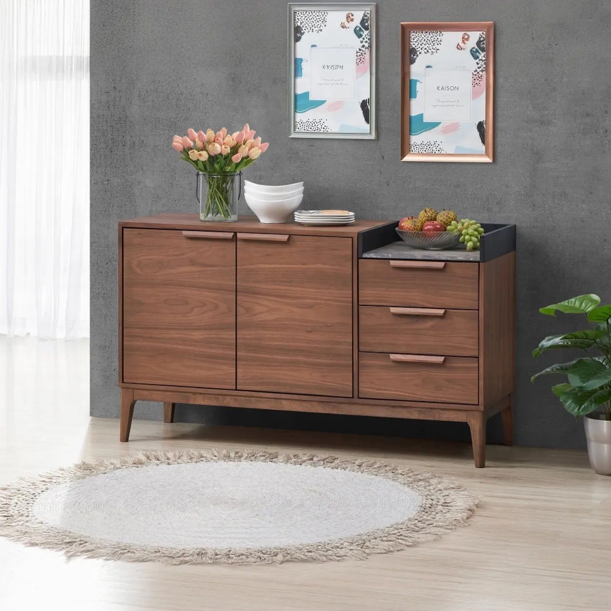 A wooden dresser with a bowl of fruit on top of it