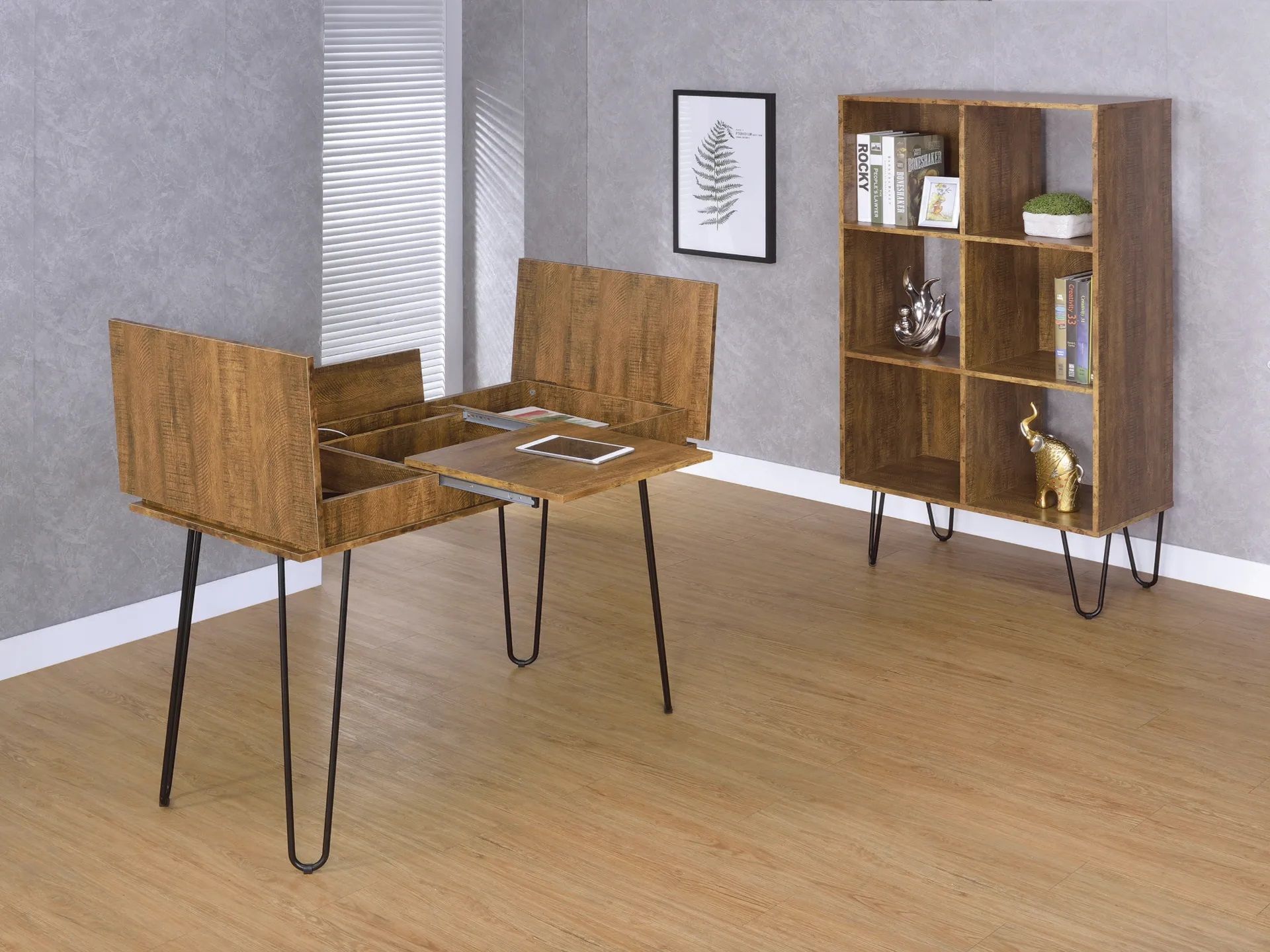 A wooden table with hairpin legs is in a living room next to a bookshelf.