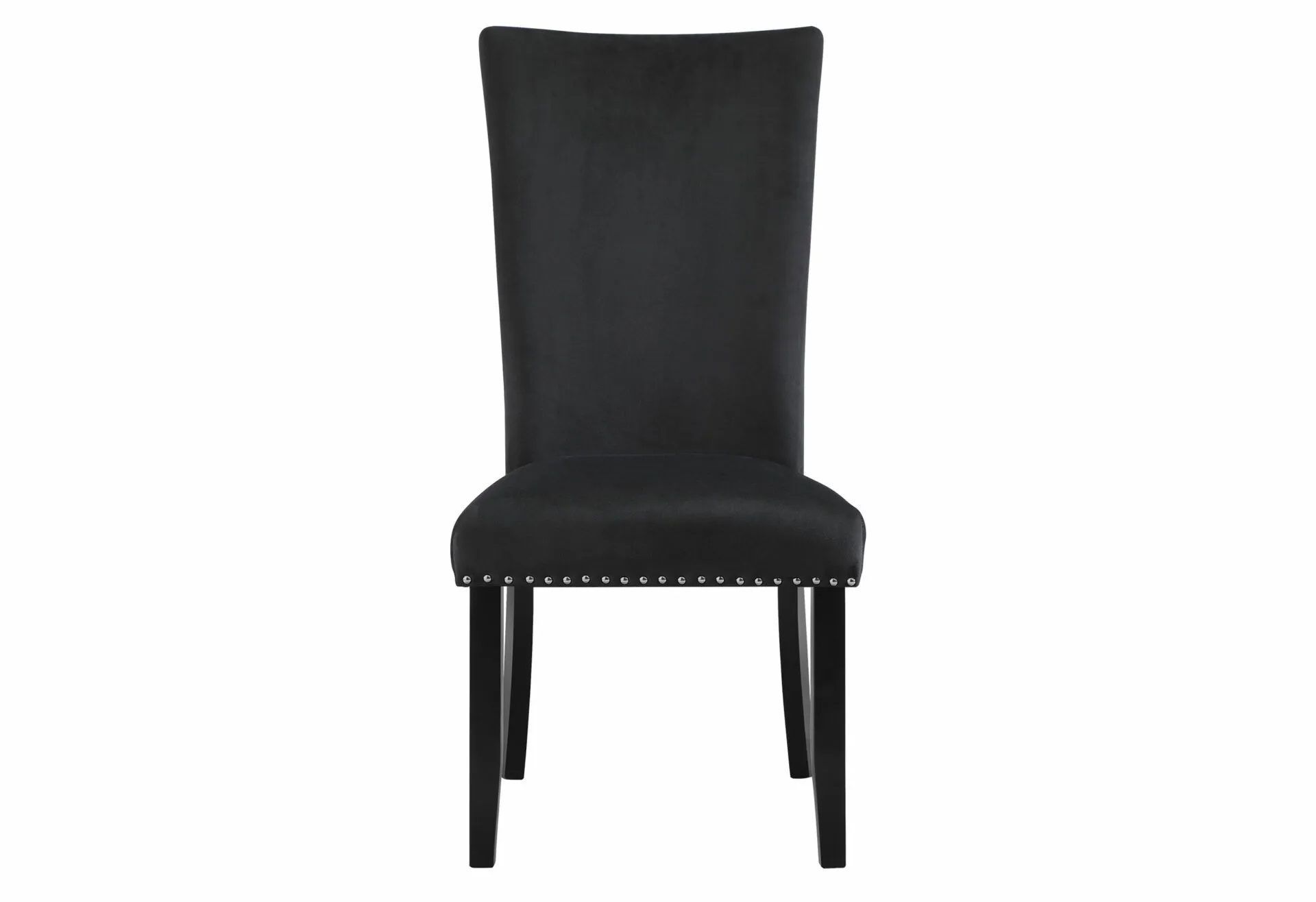 A black dining chair with studs on the back on a white background.