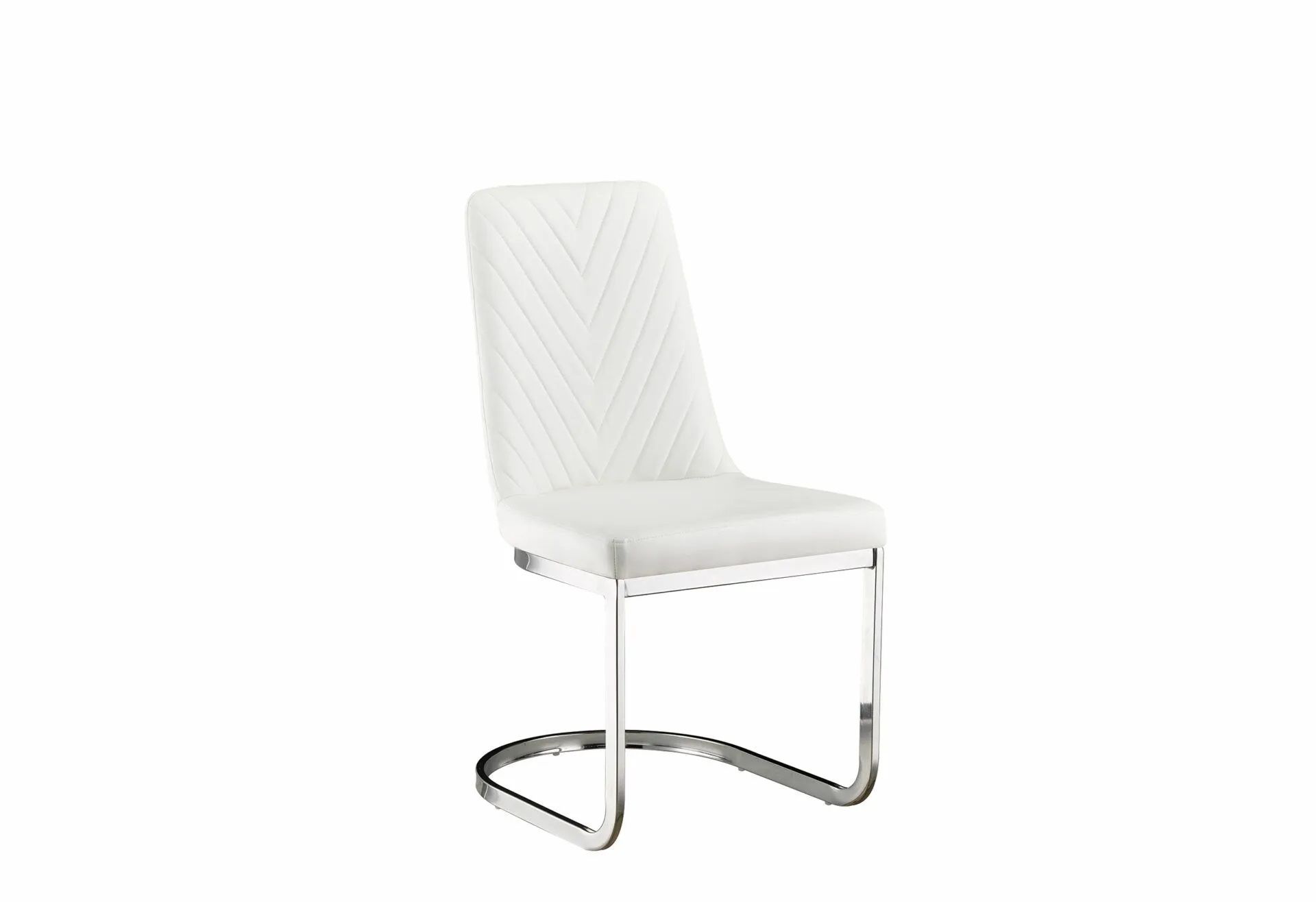 A white chair with a chrome frame on a white background.