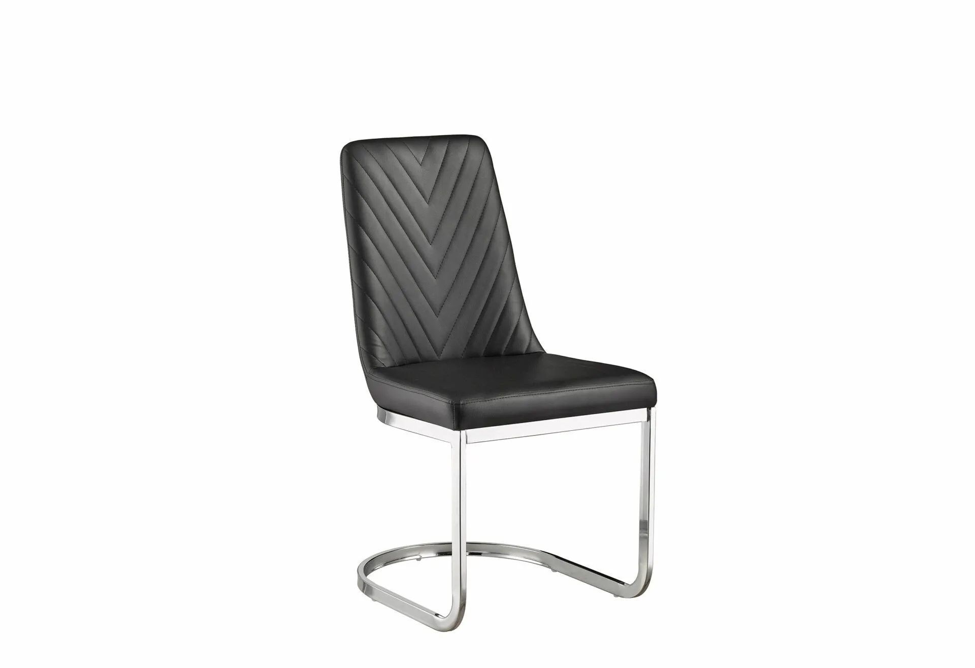 A black dining chair with a chrome frame on a white background.
