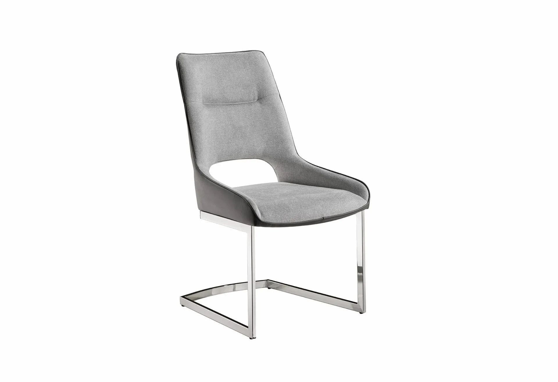 A grey dining chair with a chrome frame on a white background.