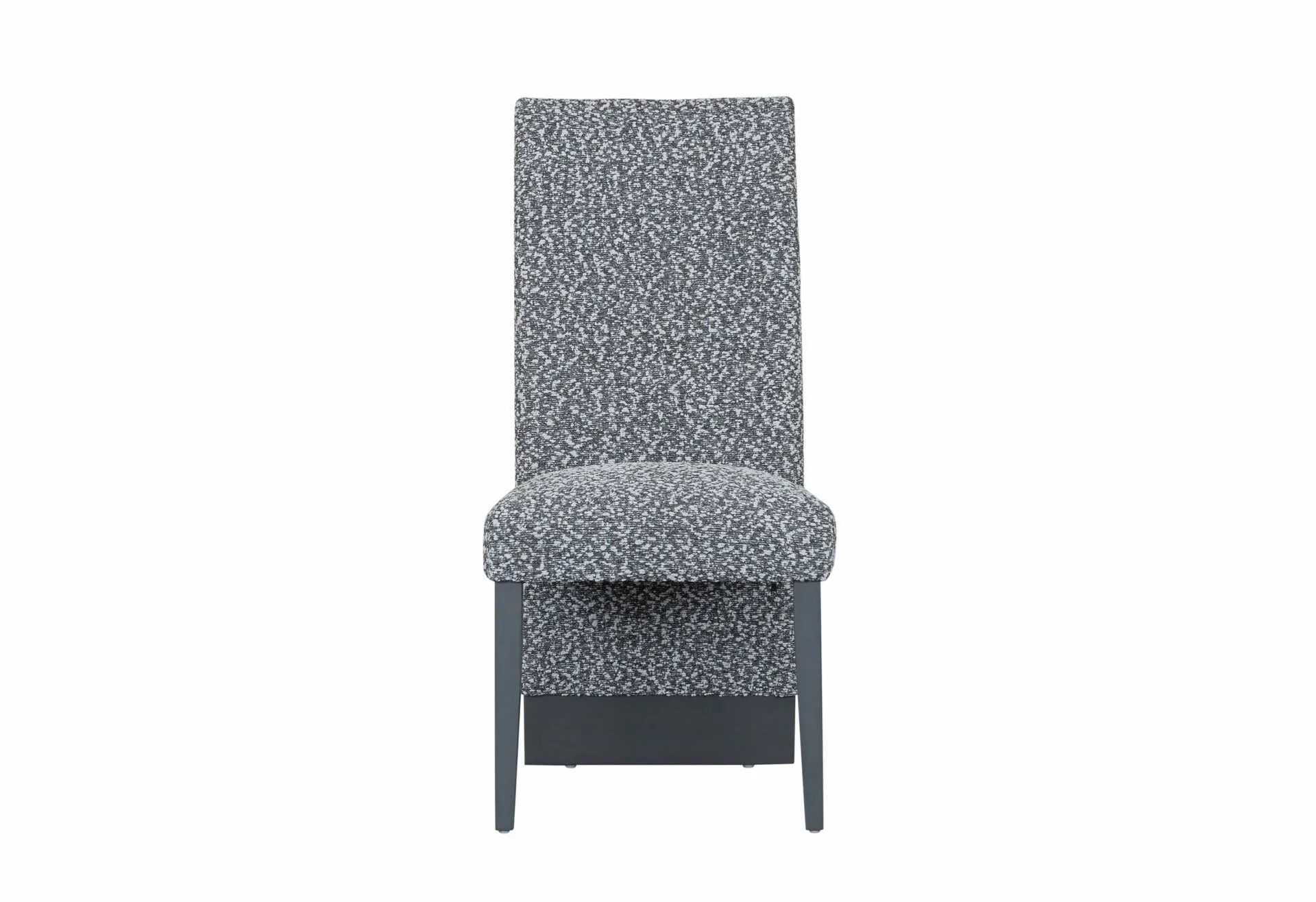 A gray chair with a black frame on a white background.