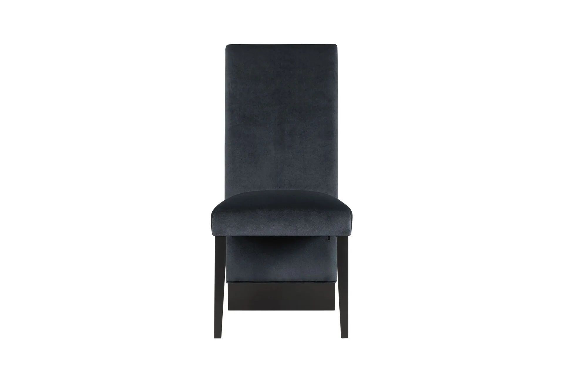 A black chair with a black frame on a white background.