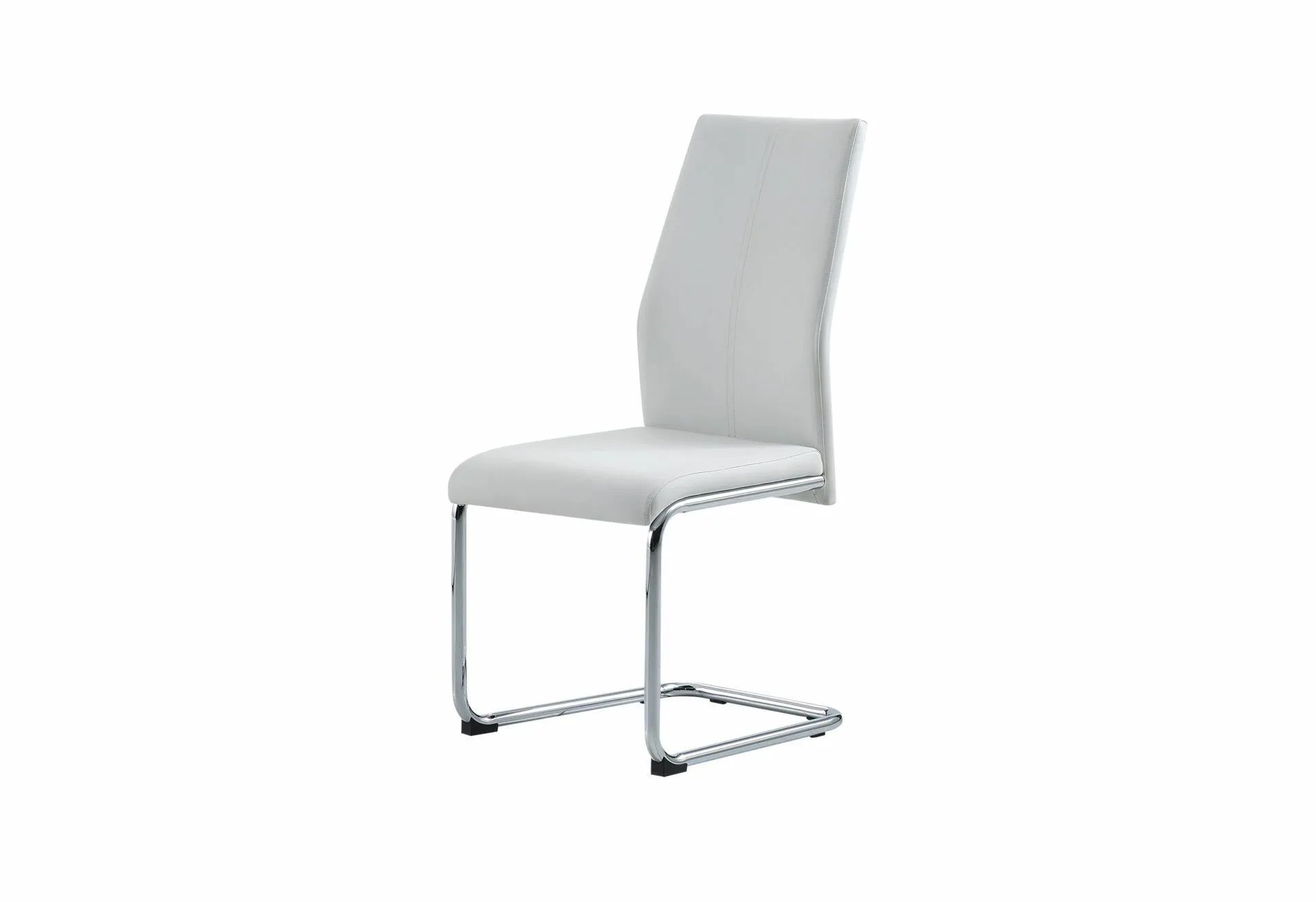 A white dining chair with a chrome frame on a white background.