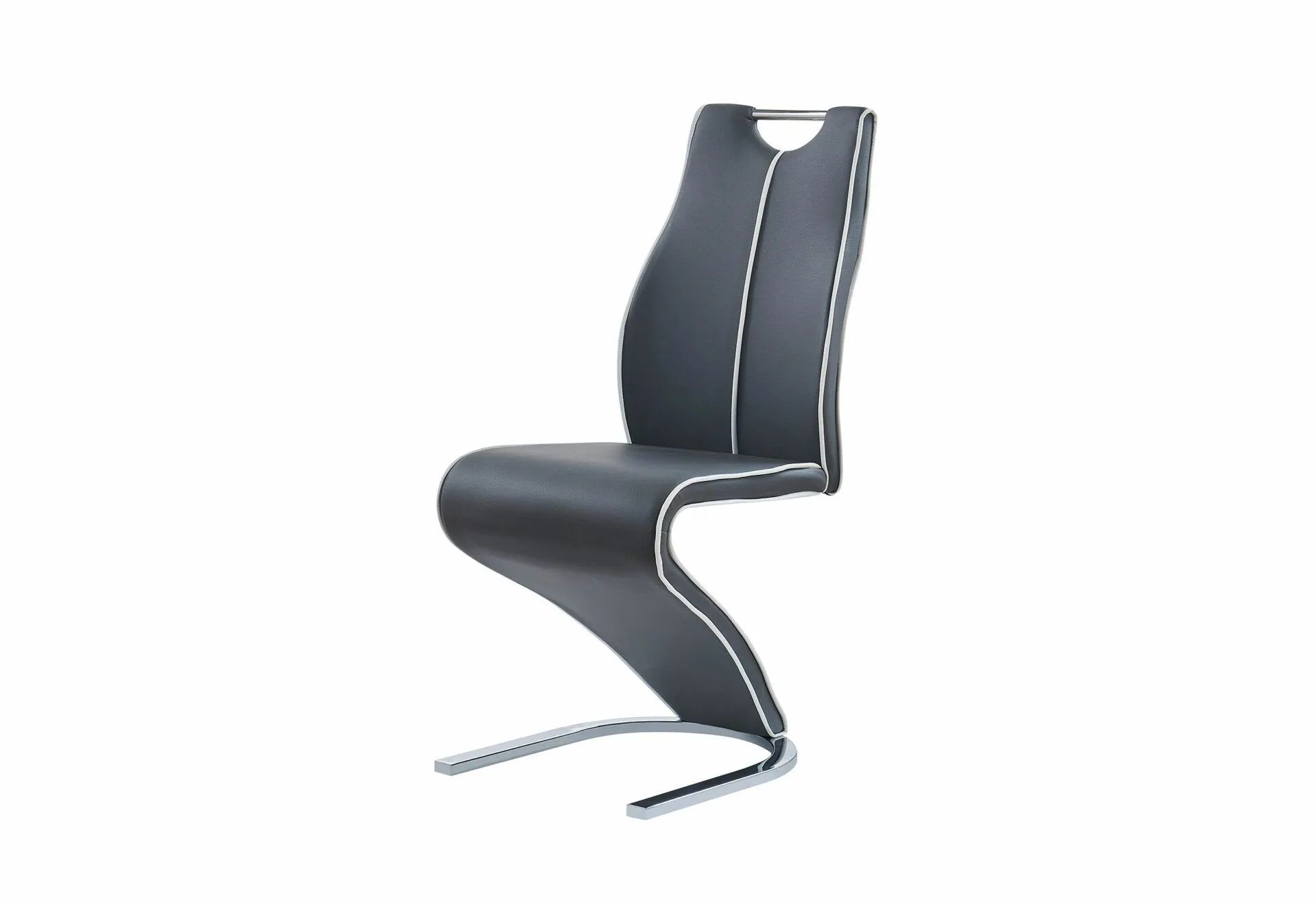 A black chair with a white stitching on the back is on a white background.