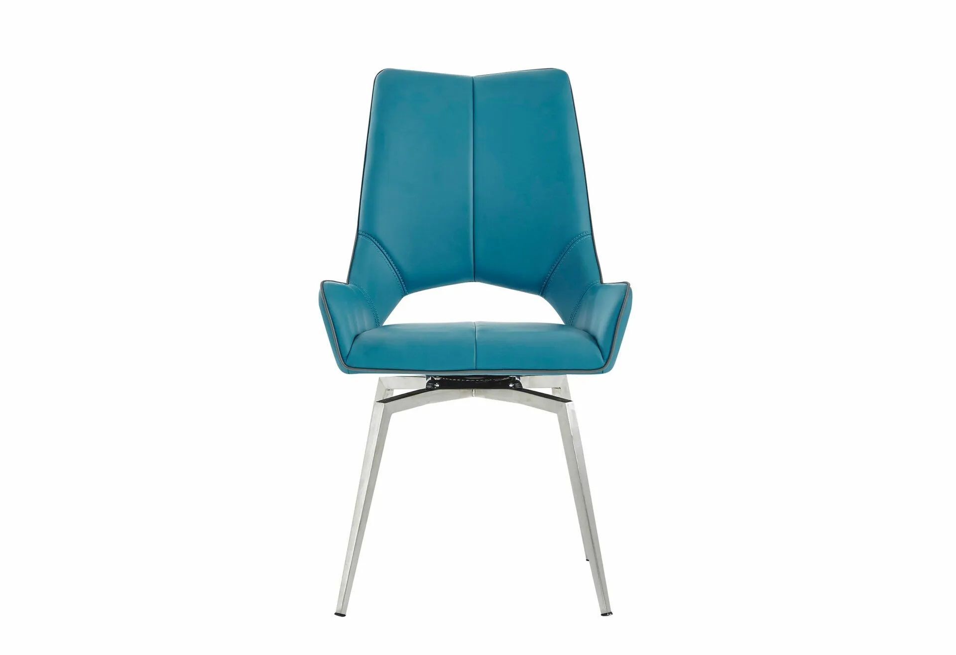 A blue chair with a metal frame on a white background.