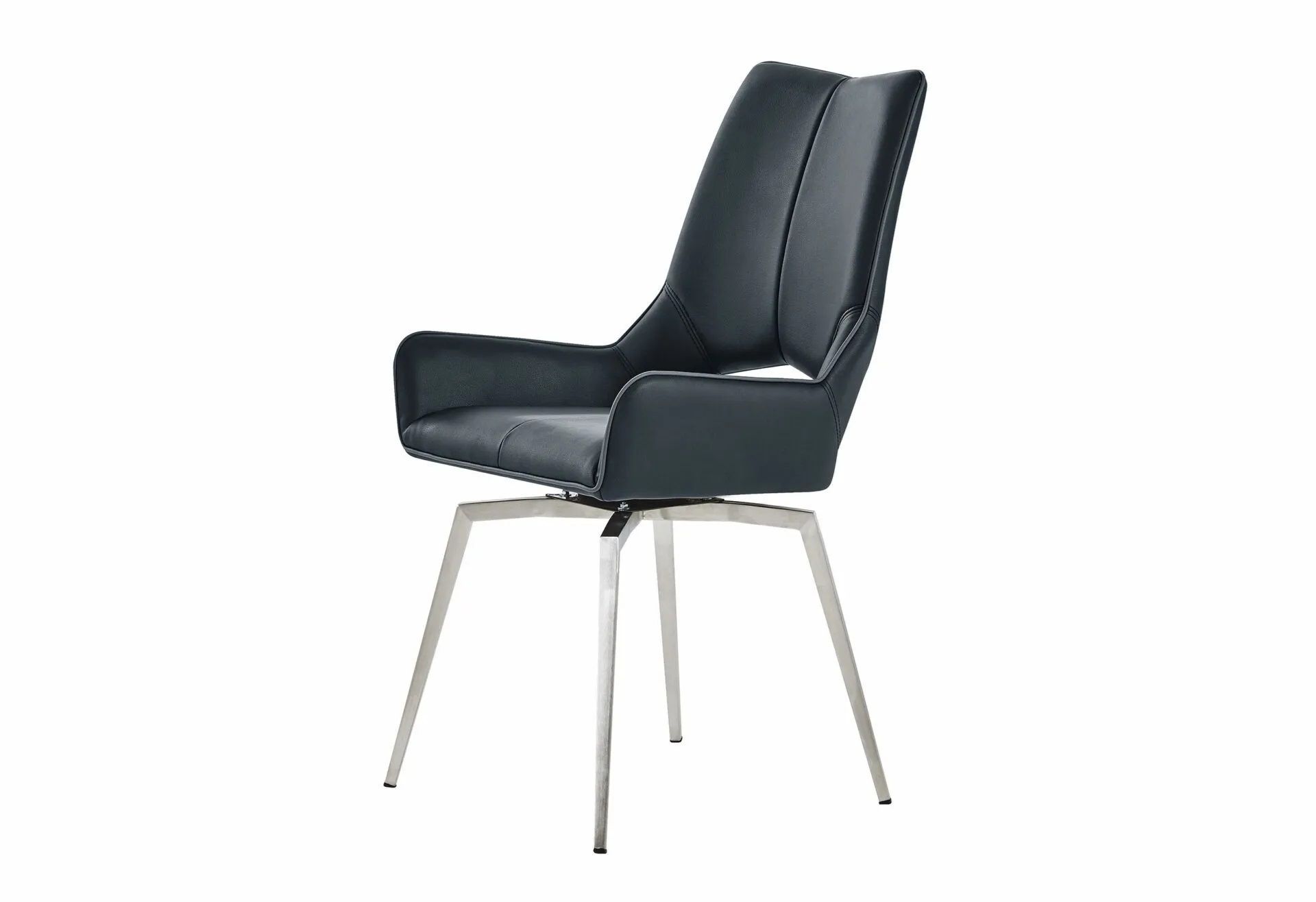 A black leather dining chair with stainless steel legs on a white background.