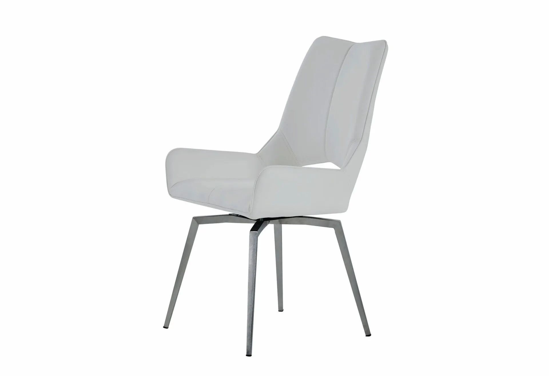 A white chair with a stainless steel base on a white background.