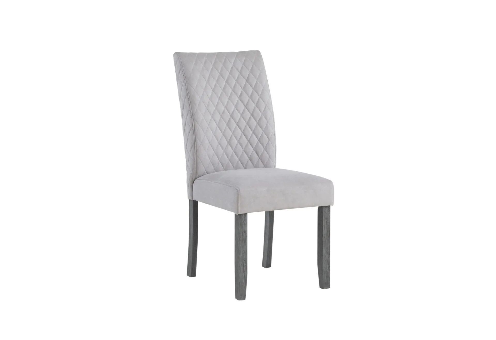 A grey dining chair with wooden legs on a white background.