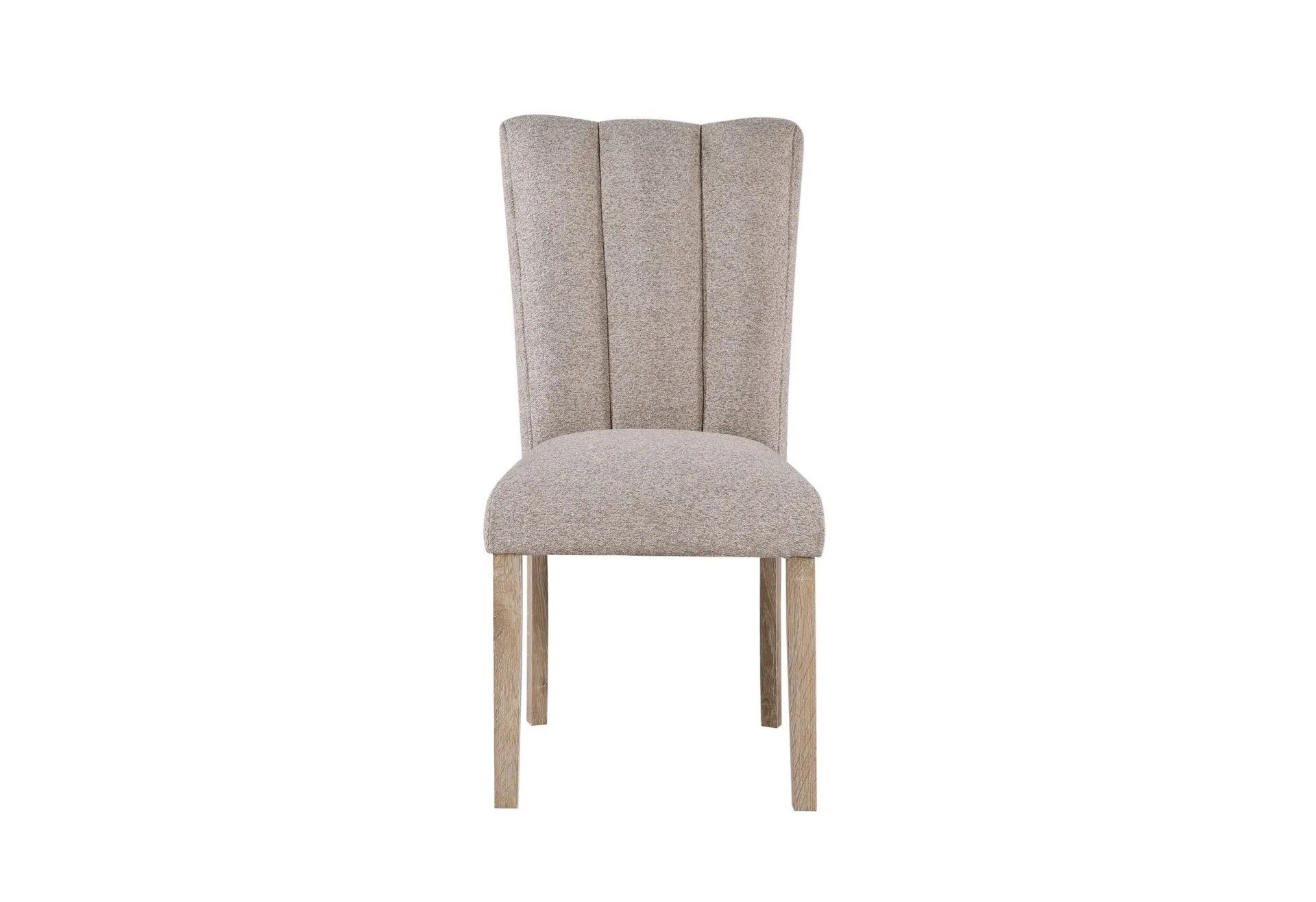 A dining chair with a curved back and wooden legs on a white background.