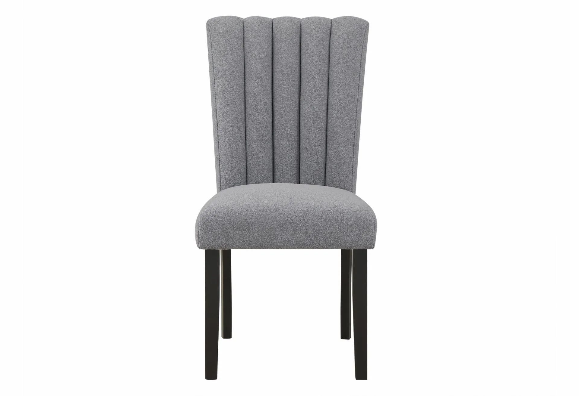 A grey dining chair with black legs on a white background.