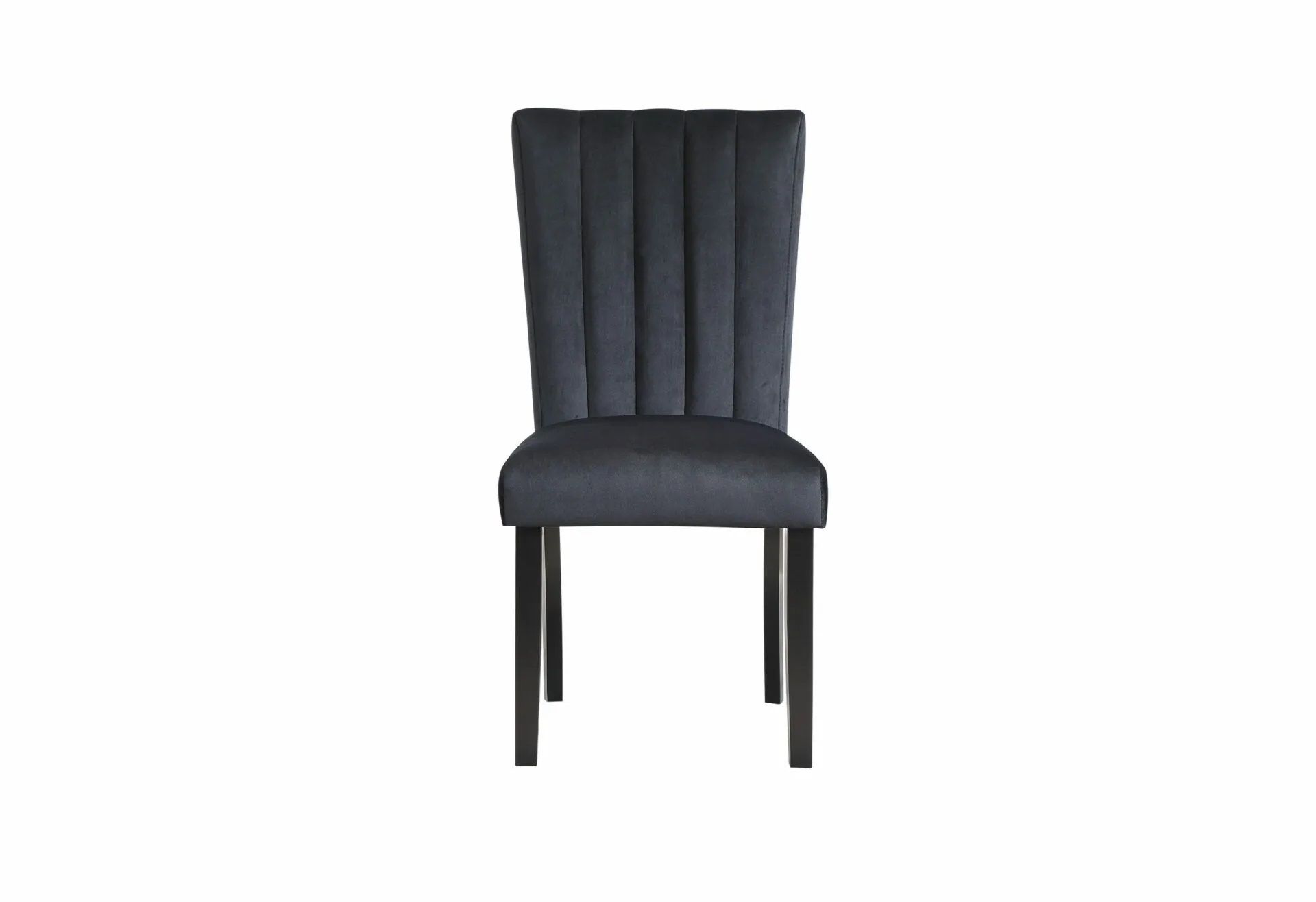 A black dining chair with black legs on a white background.