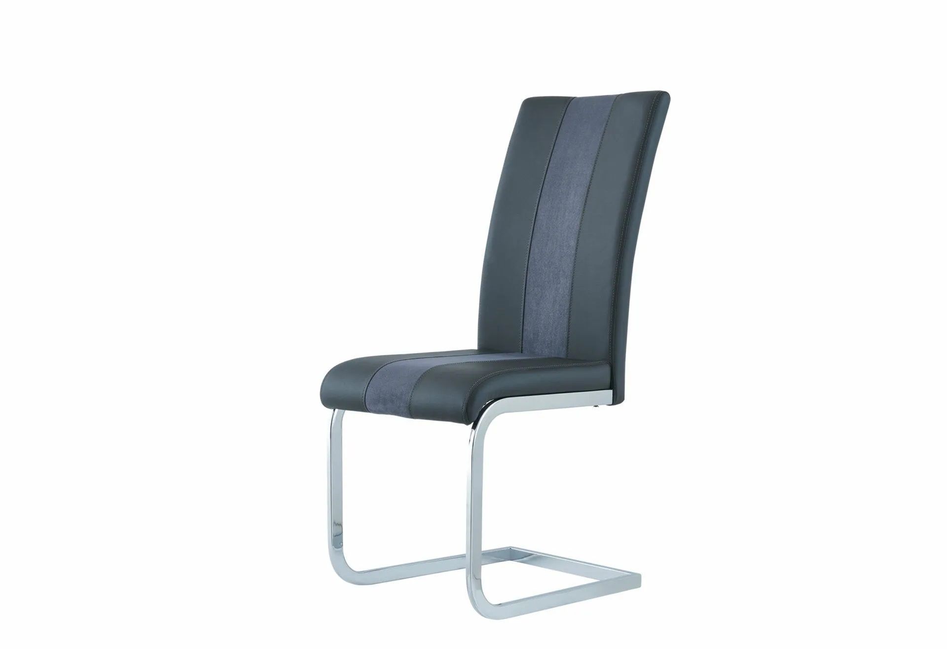 A black dining chair with a blue stripe on the back on a white background.