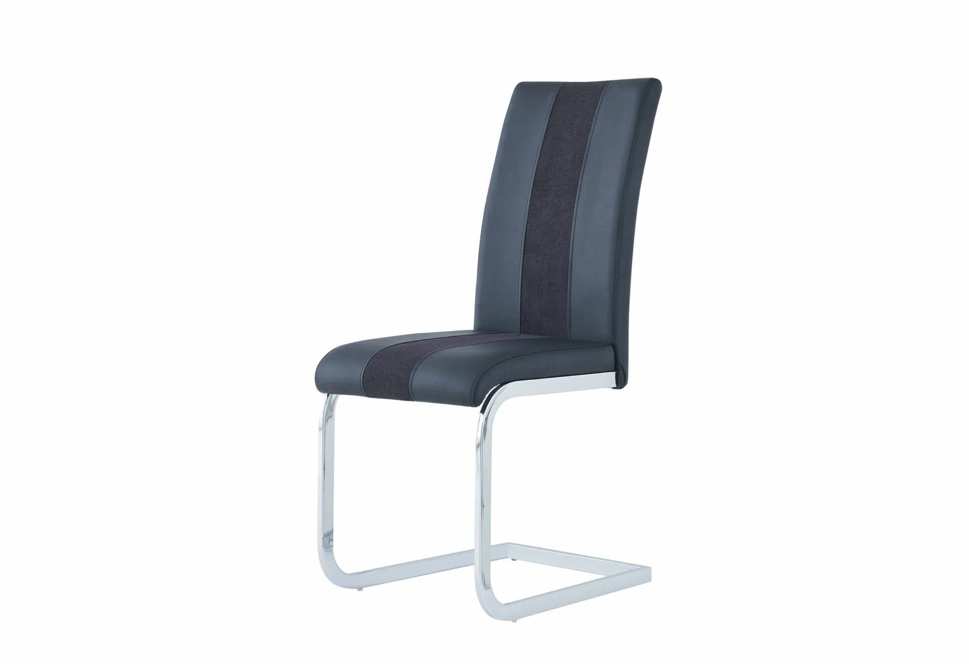 A black dining chair with a black stripe on the back on a white background.