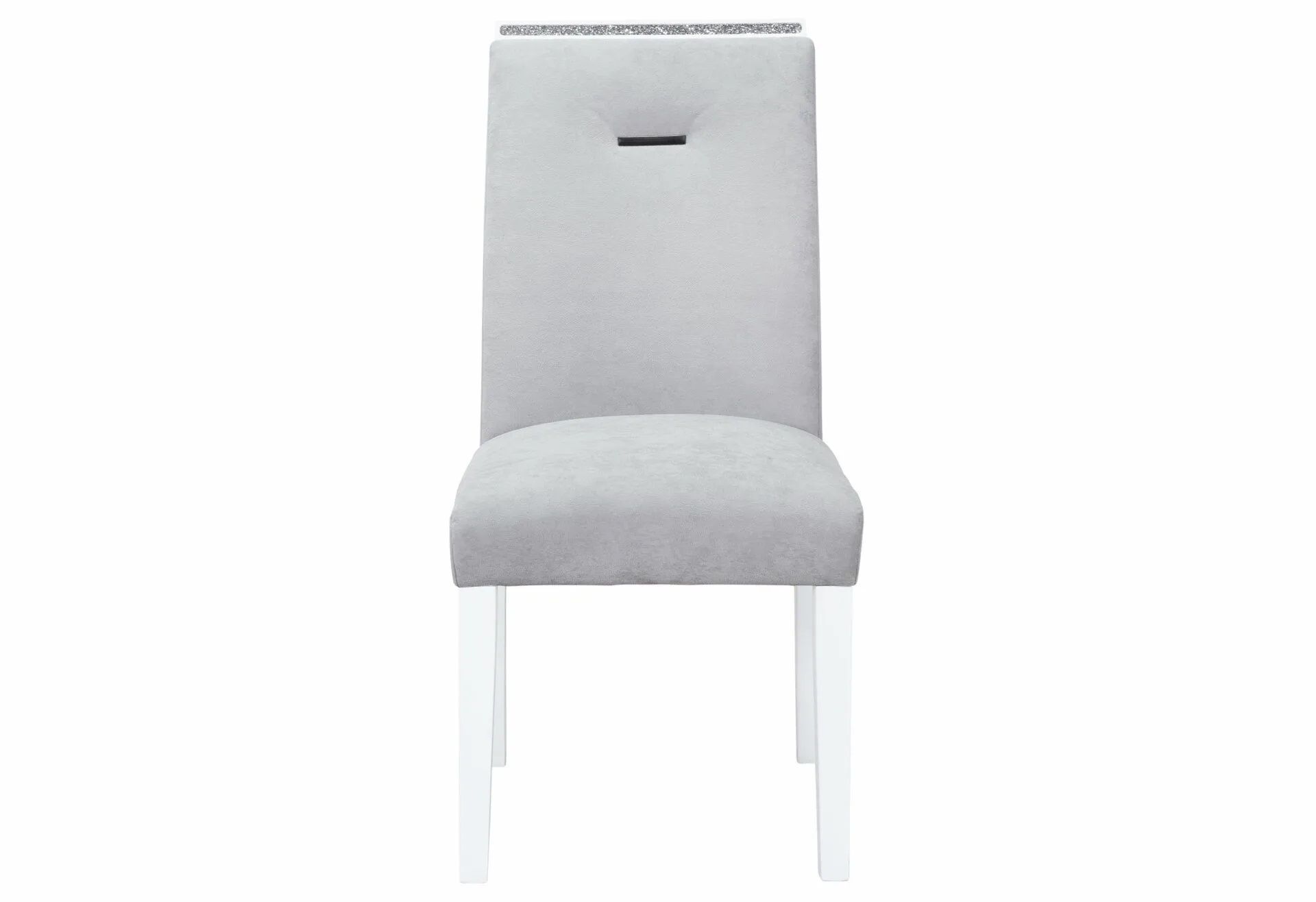 A grey dining chair with white legs on a white background.