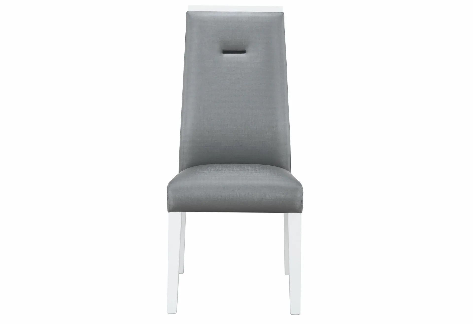 A grey dining chair with white legs on a white background.