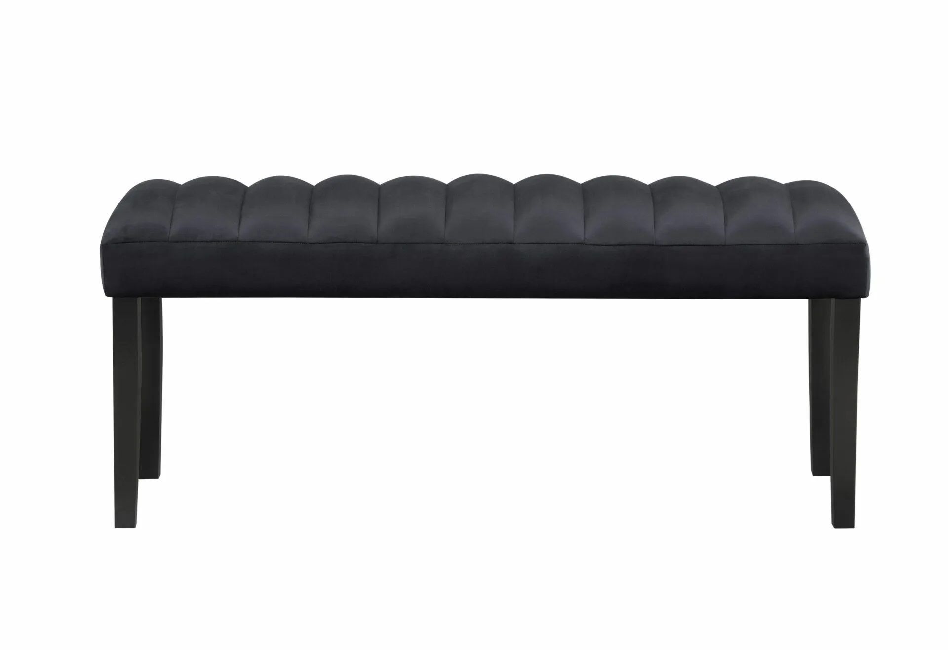 A black bench with wooden legs on a white background.