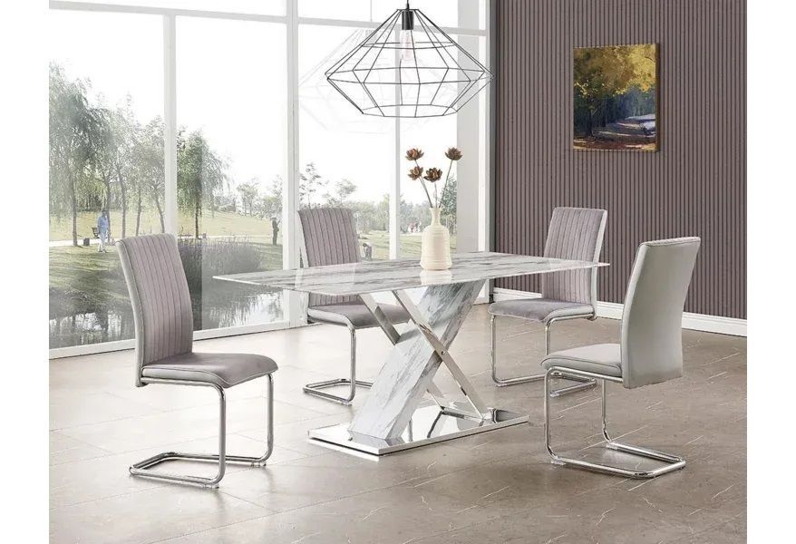 A dining room with a table and chairs and a painting on the wall.