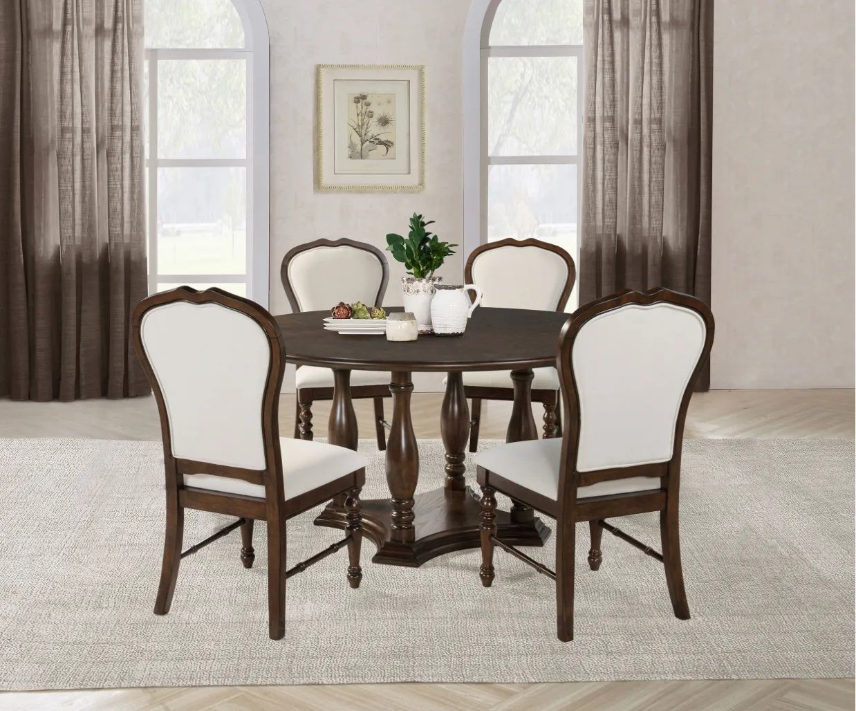 A dining room with a table and chairs in it