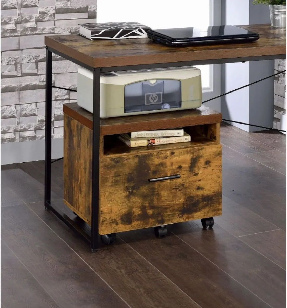 A wooden desk with a printer on top of it