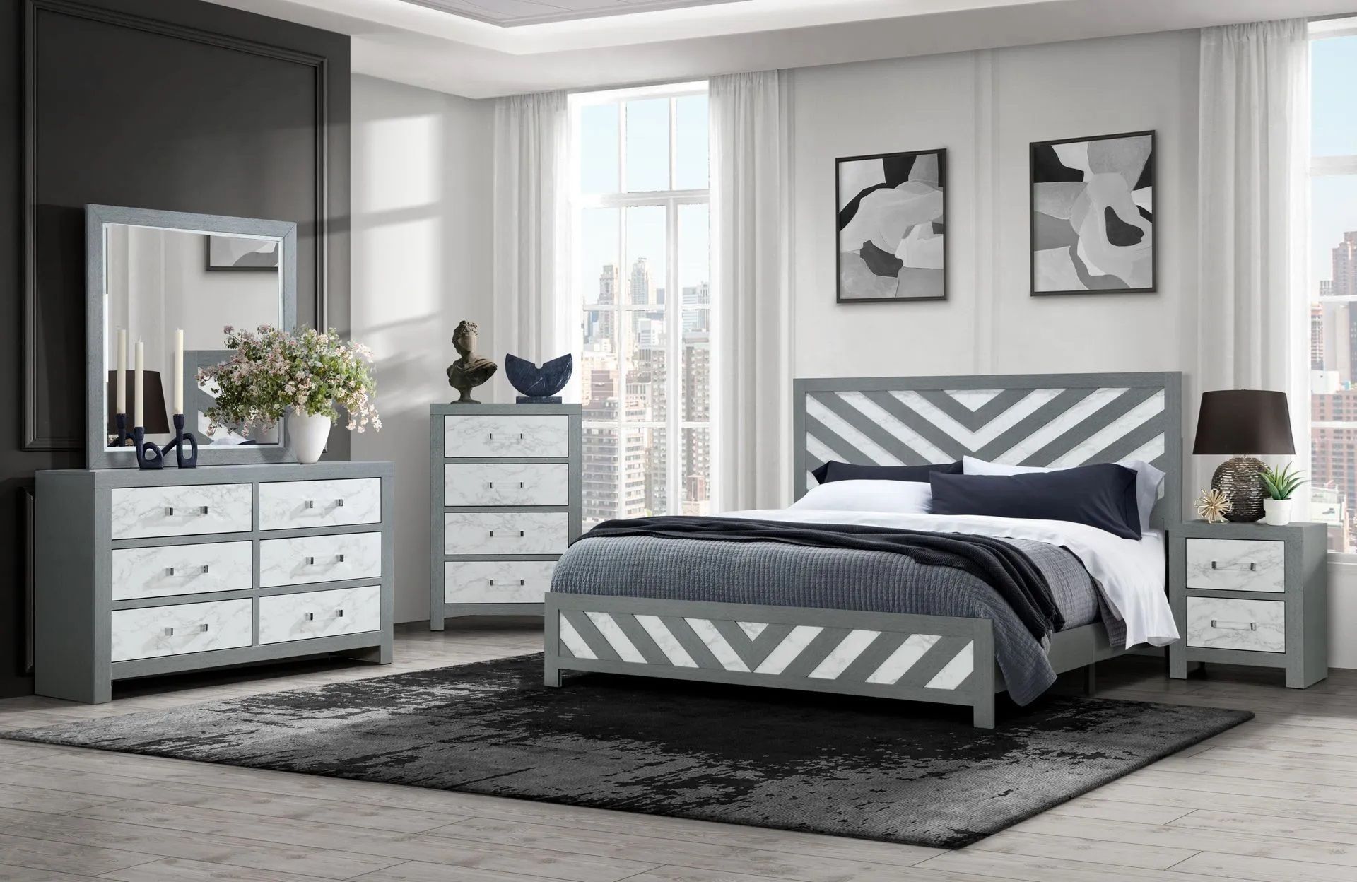 A bedroom with a bed , dresser , nightstand , mirror and rug.