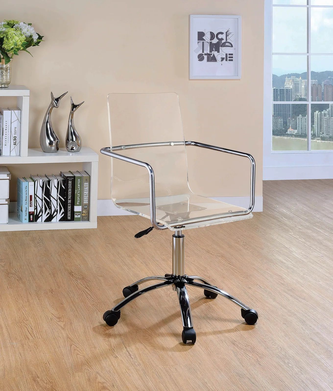 A clear office chair is in a room next to a window