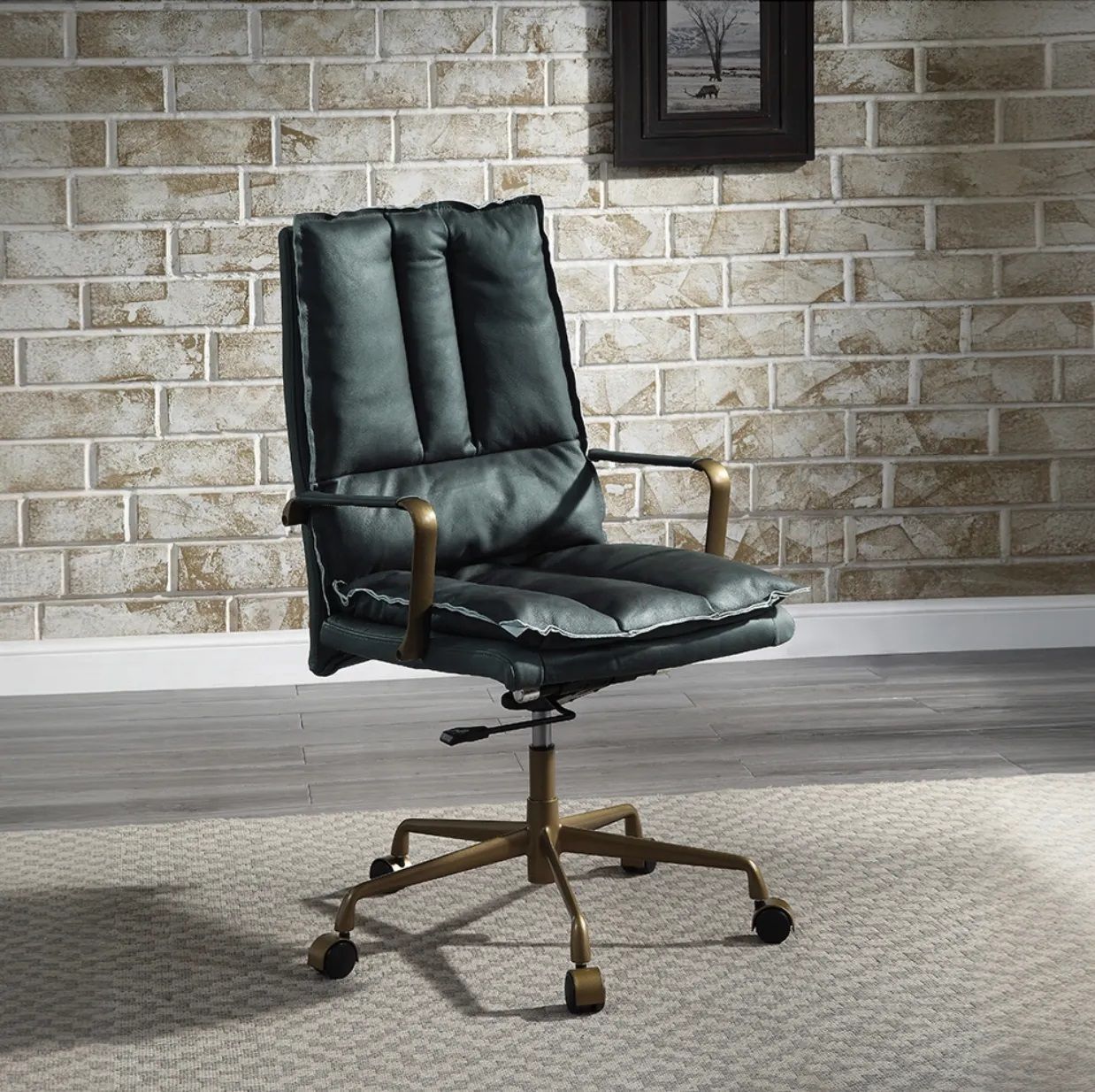 An office chair is sitting in front of a brick wall