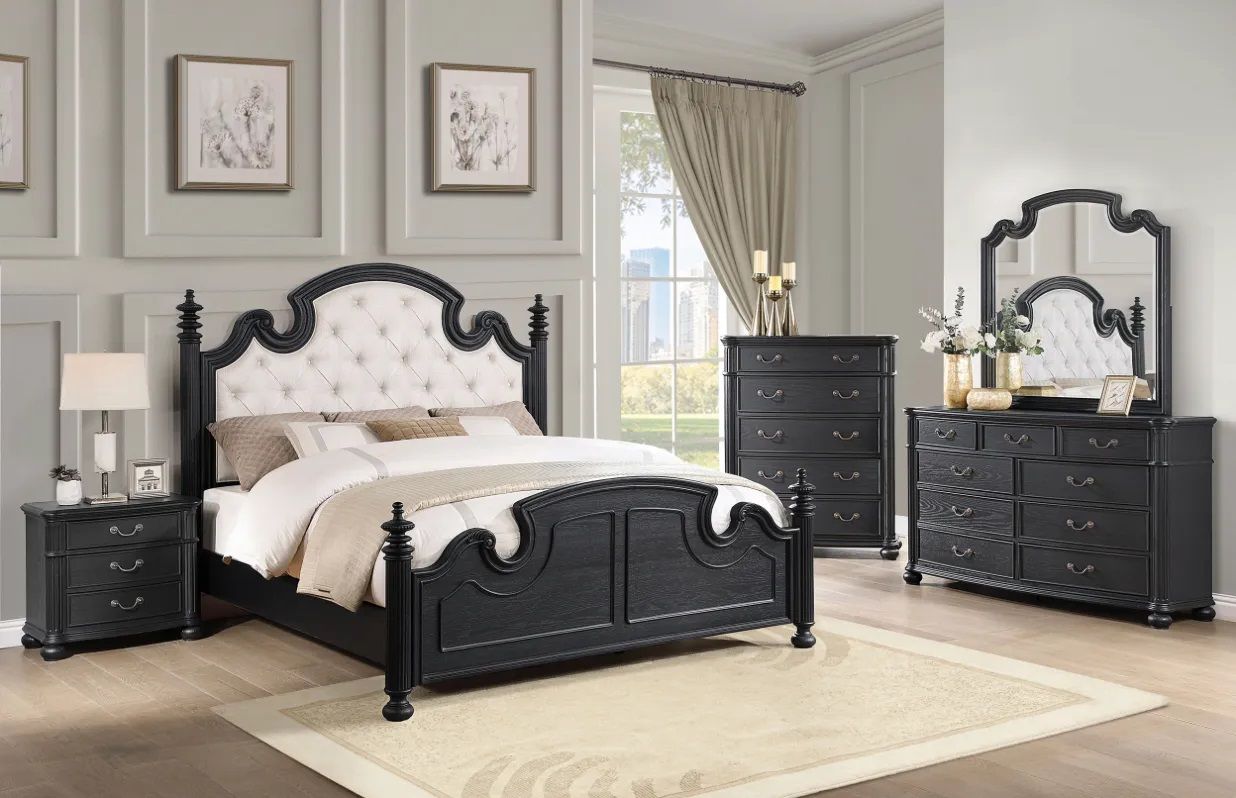 A bedroom with a bed , dresser , nightstand , mirror and rug.
